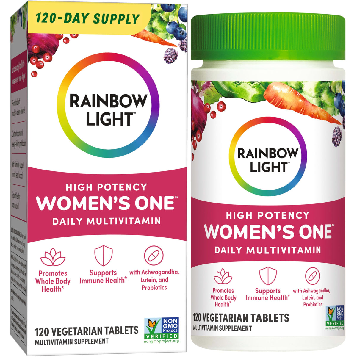 Rainbow Light Multivitamin Women’s One en polvo, botella frontal para uso diario.