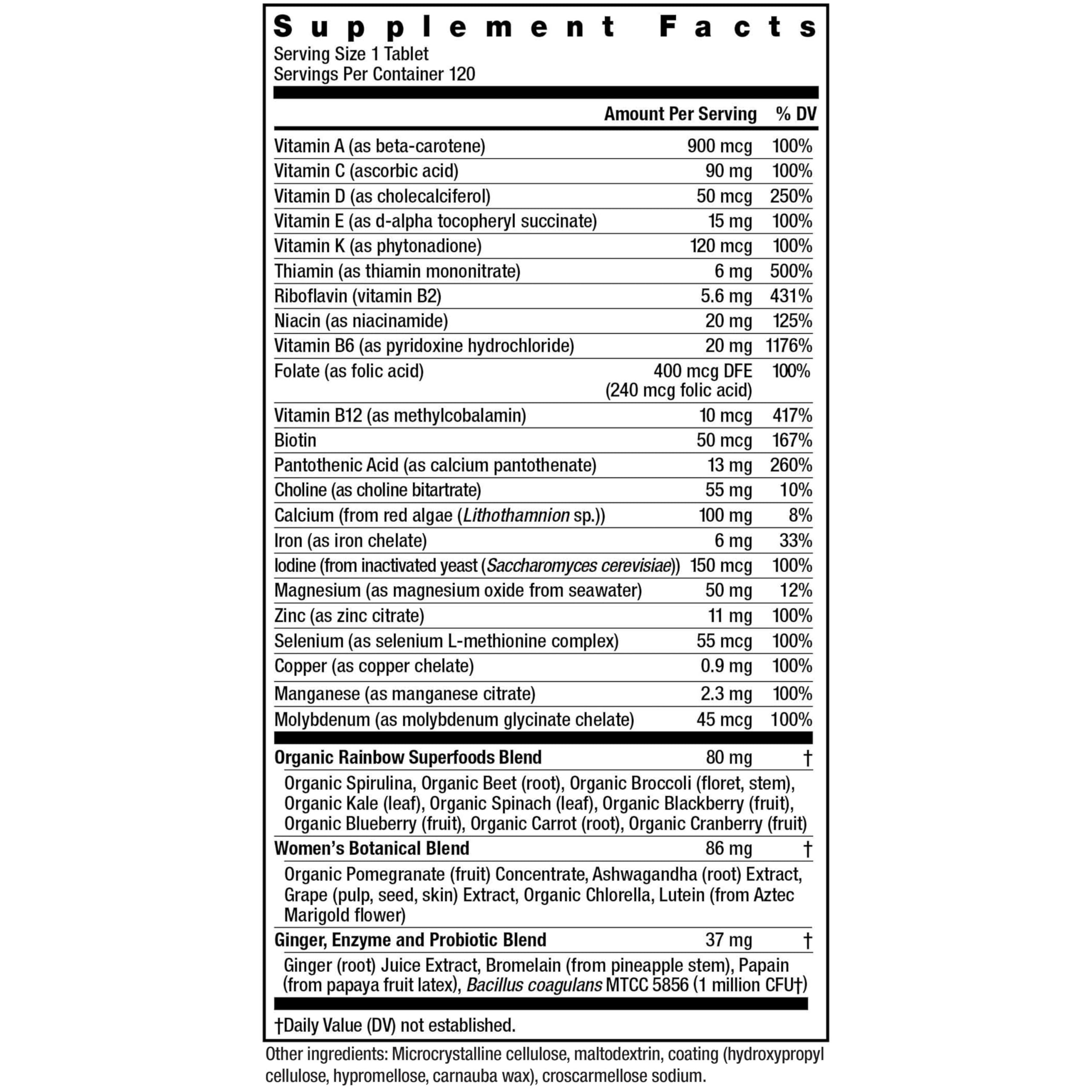Rainbow Light Multivitamin Women’s One, botella lateral mostrando el envase y etiqueta.