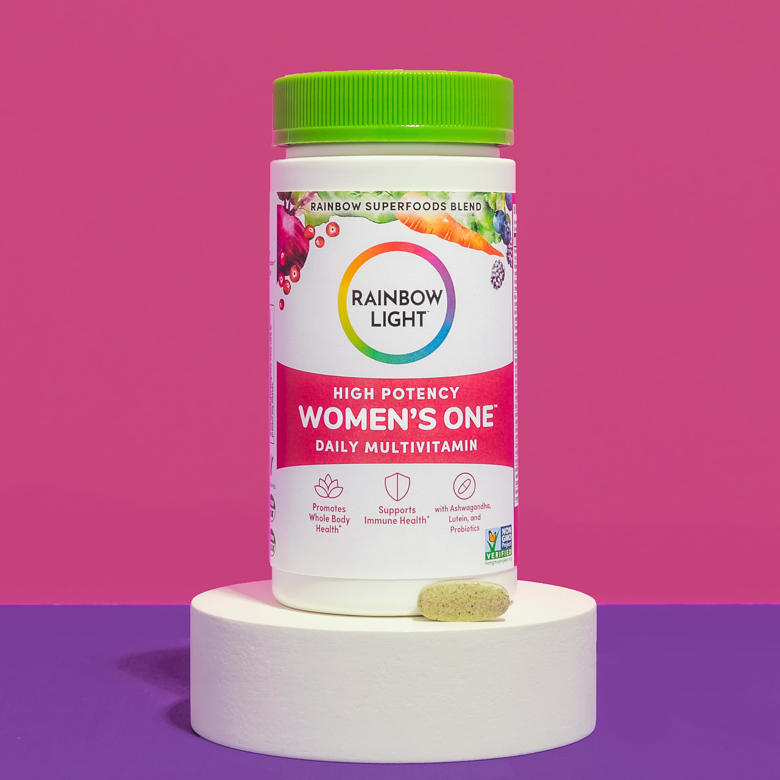 Rainbow Light Multivitamin Women’s One, embalaje externo para almacenamiento práctico.