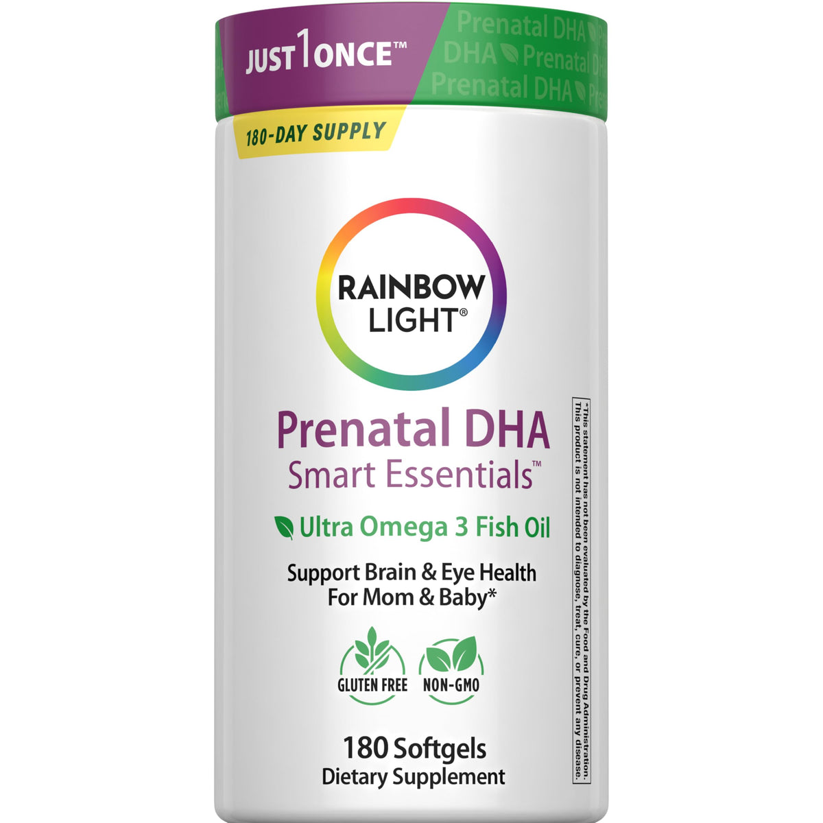 Rainbow Light Prenatal DHA: bote con cápsulas suaves para embarazo y lactancia.