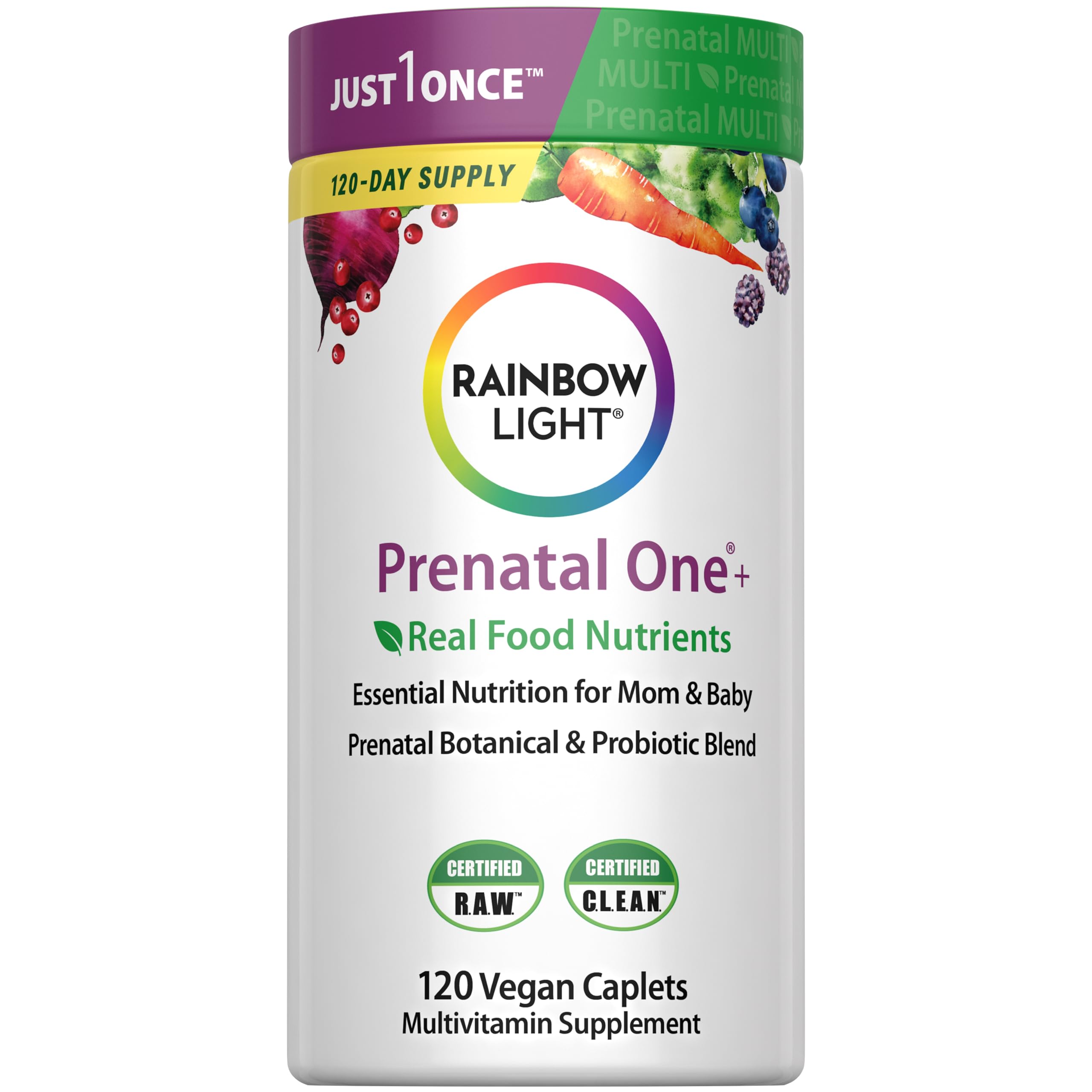 Rainbow Light Prenatal One: botella de cápsulas para apoyo diario de mamá y desarrollo del bebé.