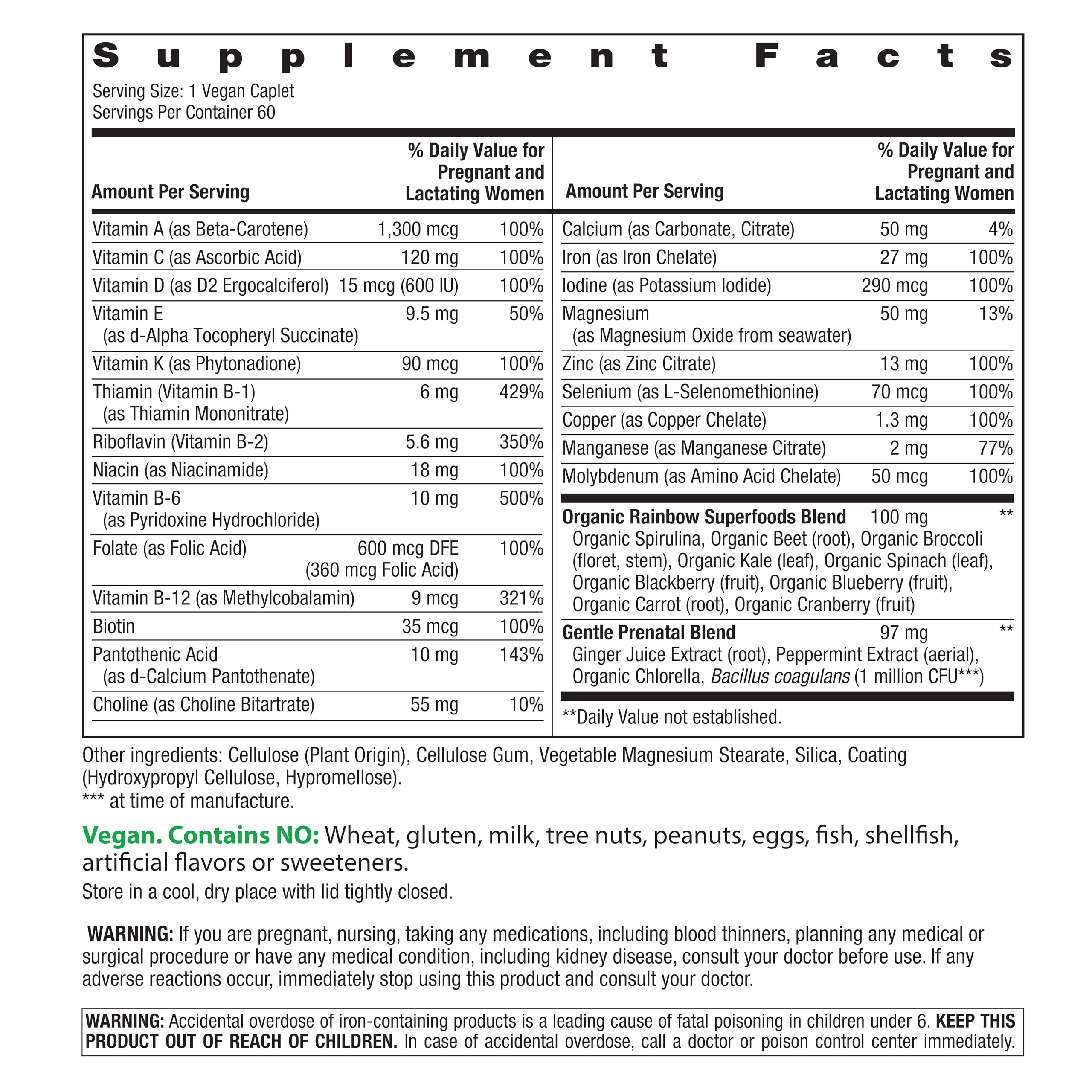 Rainbow Light Prenatal One: etiqueta nutricional con nutrientes de alimentos reales