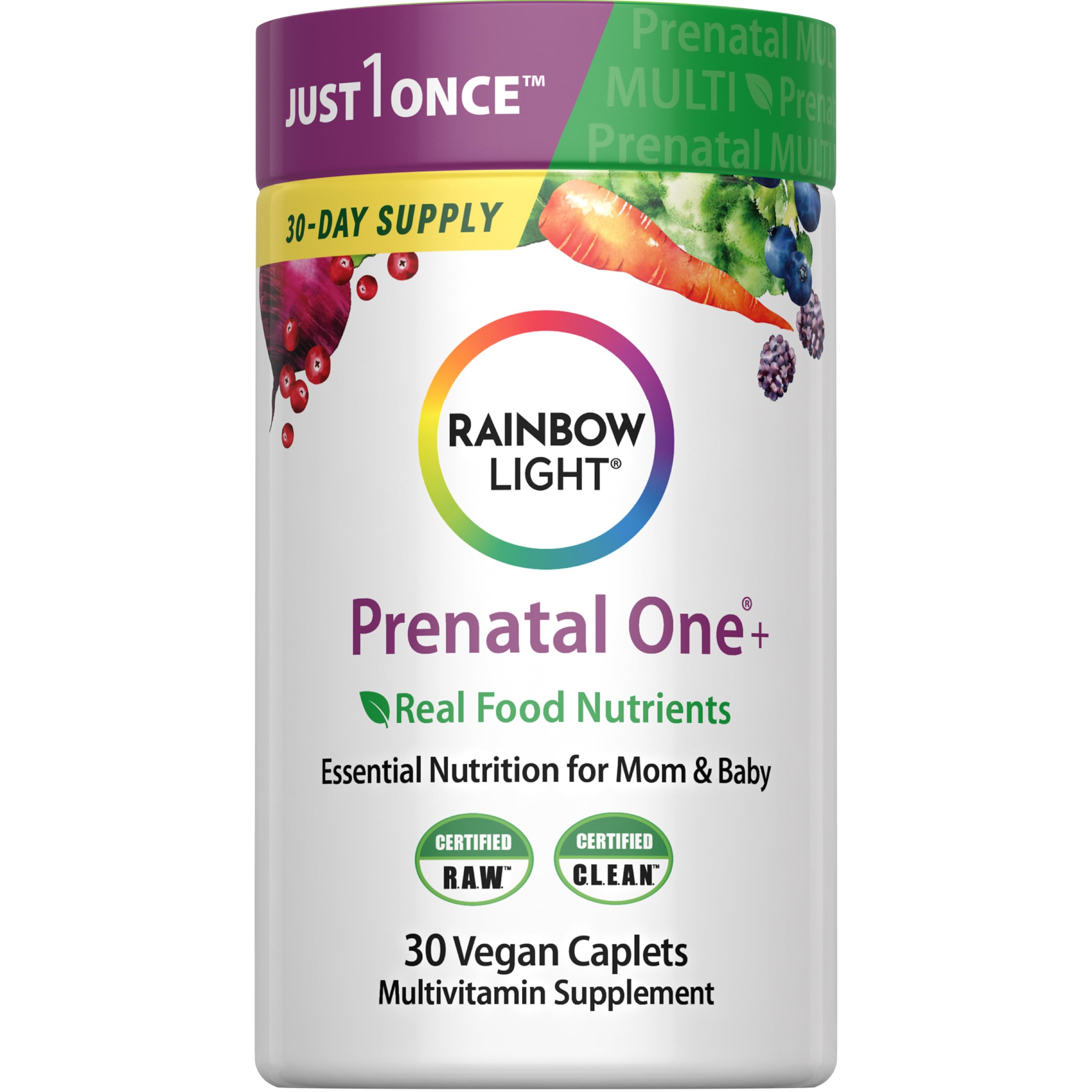 Rainbow Light Prenatal One frasco de cápsulas para nutrición diaria durante el embarazo.