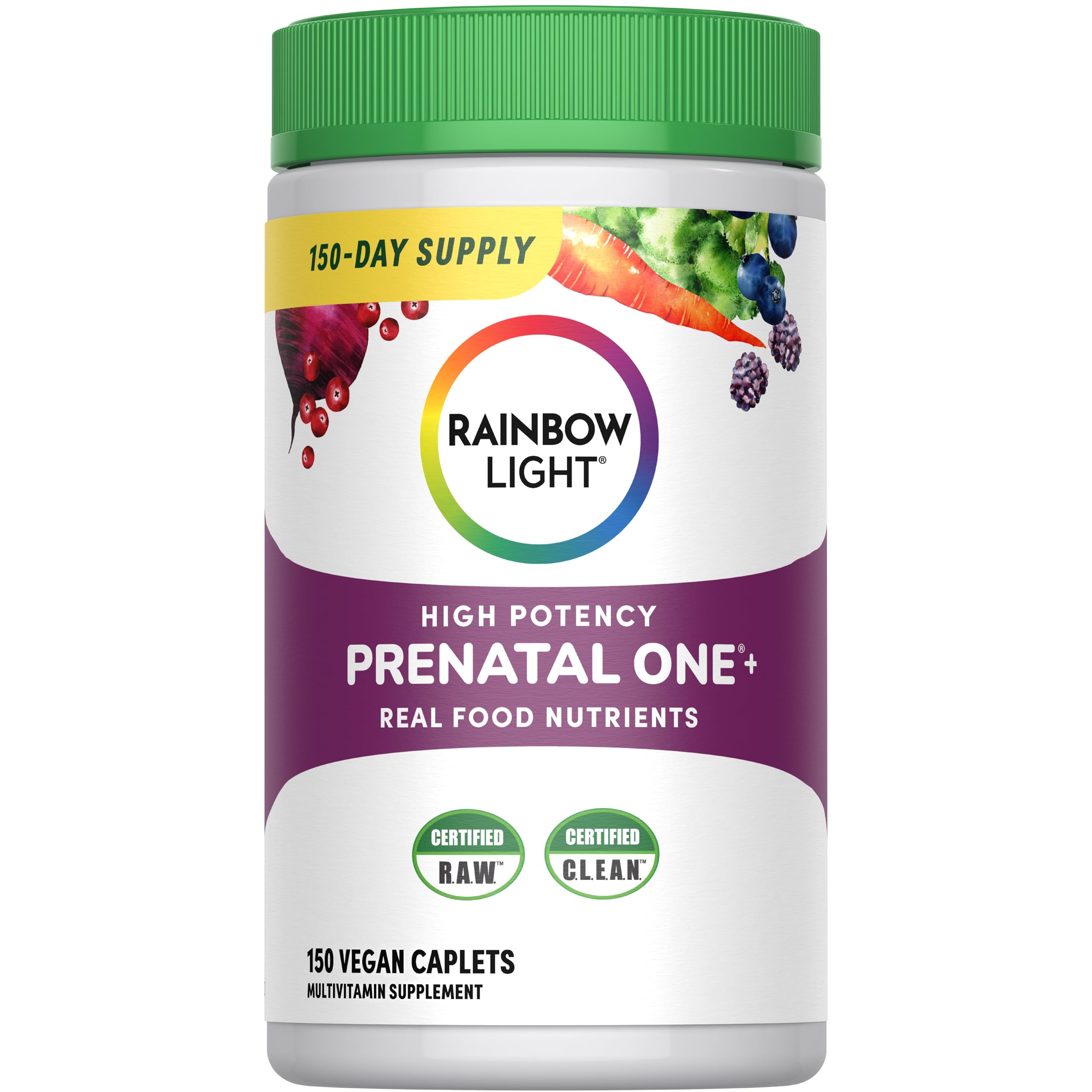 Rainbow Light Prenatal One frente del envase, soporte nutricional para mamá y bebé.