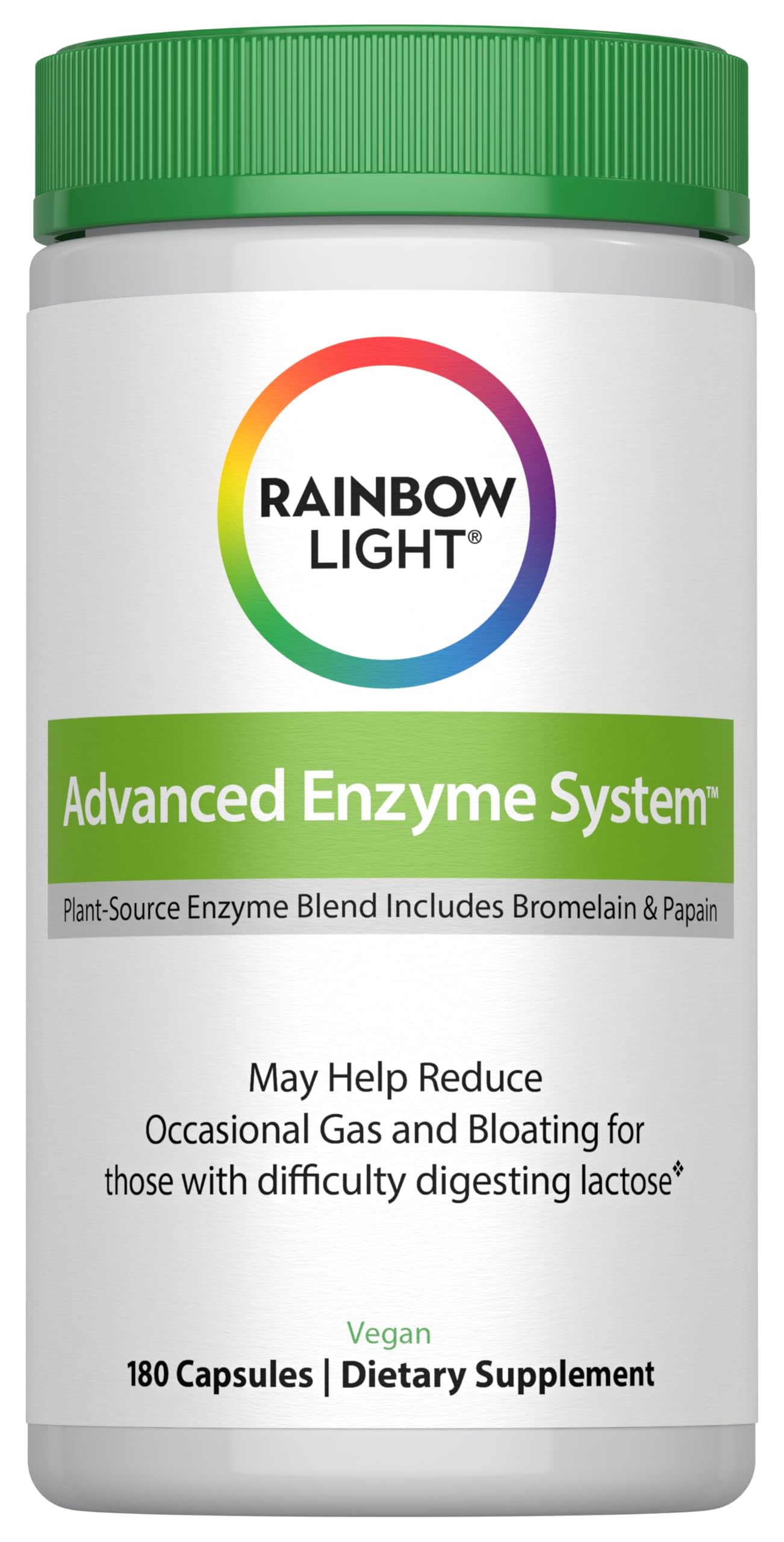 Rainbow Light Advanced Enzyme System envase frontal, ayuda a una digestión más suave tras las comidas.