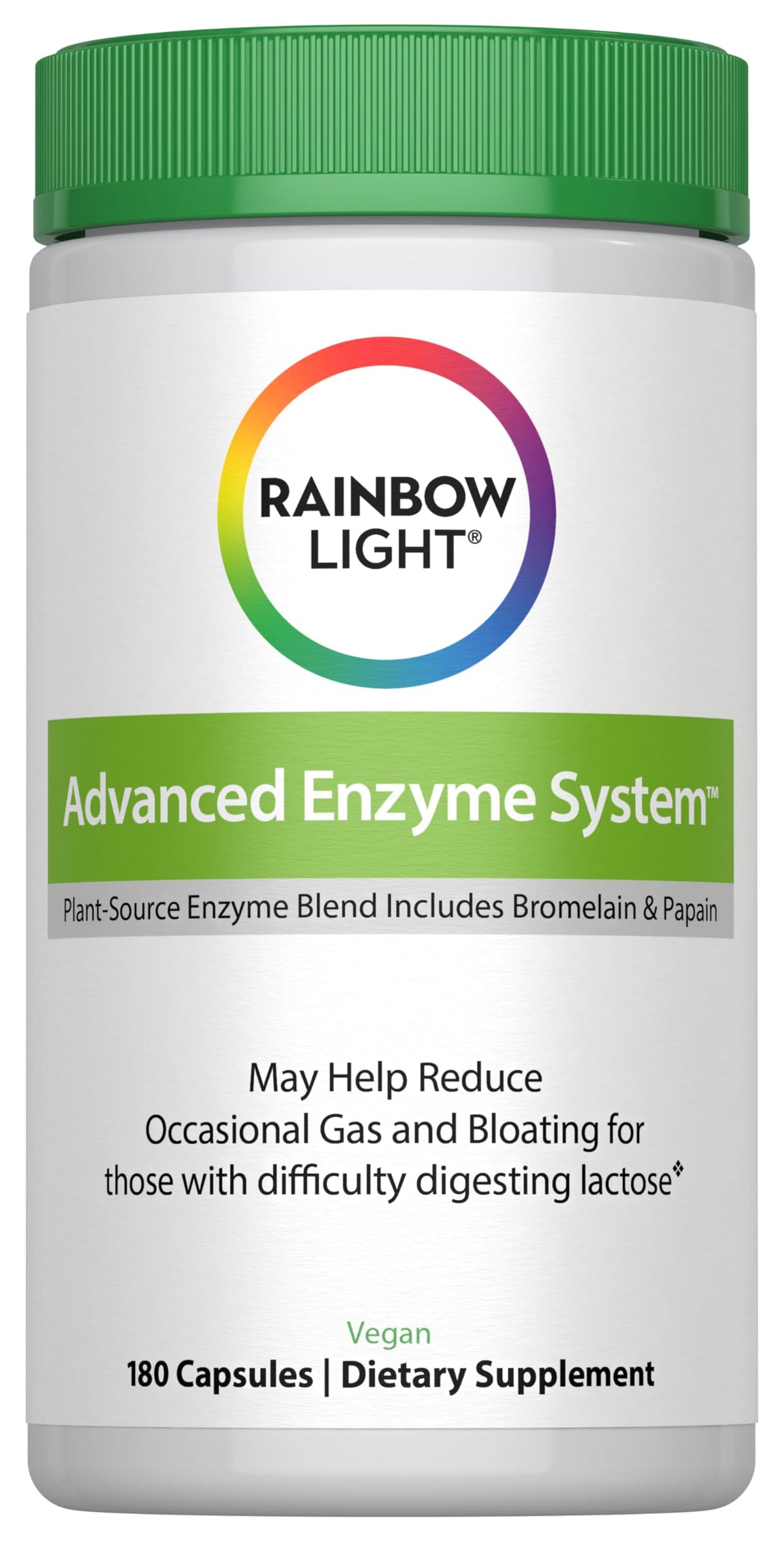 Rainbow Light Advanced Enzyme System envase frontal, ayuda a una digestión más suave tras las comidas.