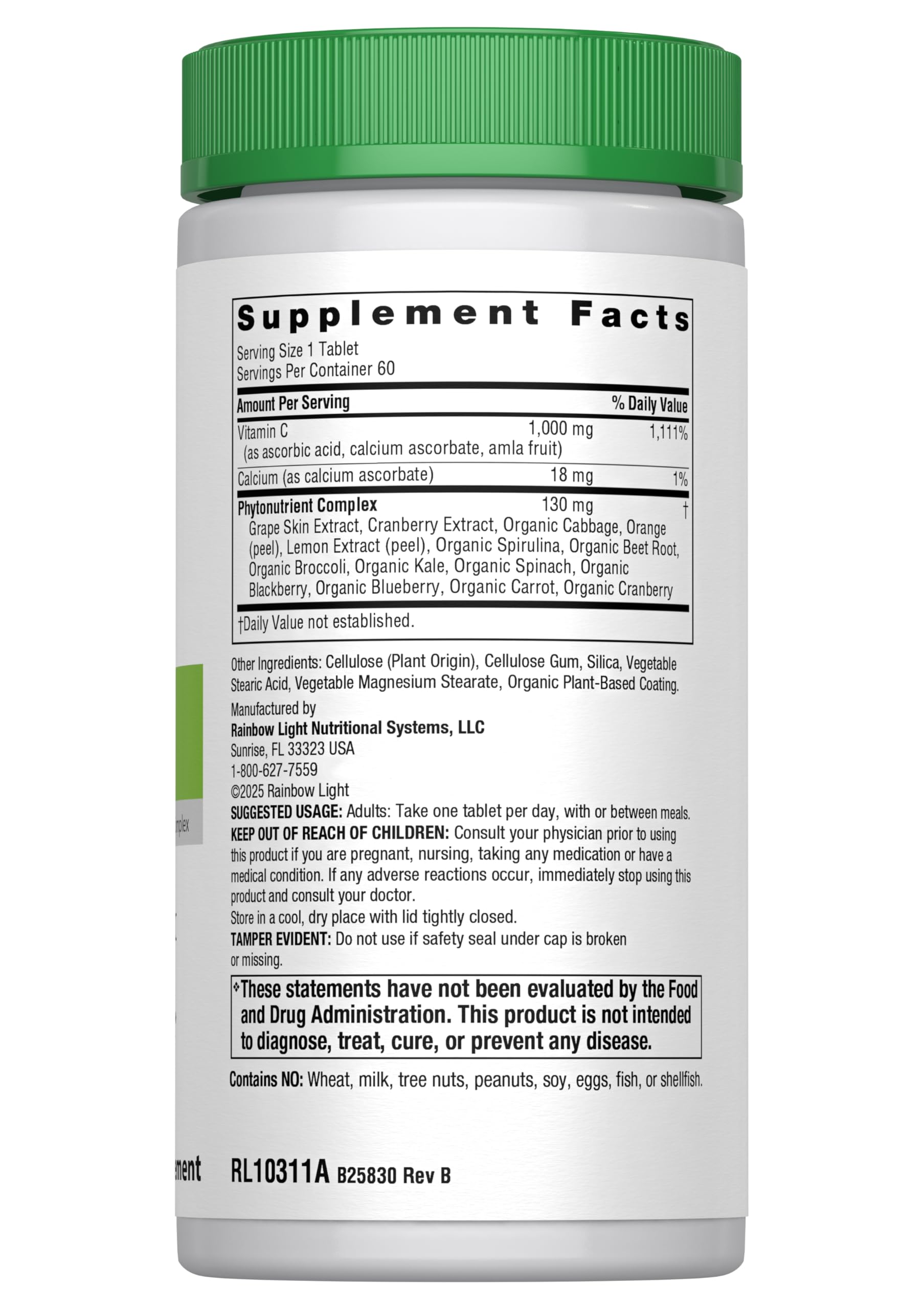 Rainbow Light Vitamina C 1000, ingredientes fitonutrientes para apoyo antioxidante.