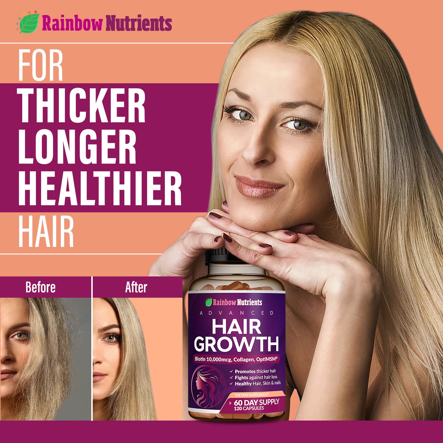 Rainbow Nutrients biotina 10,000 mcg, apoyo nutricional para cabello.