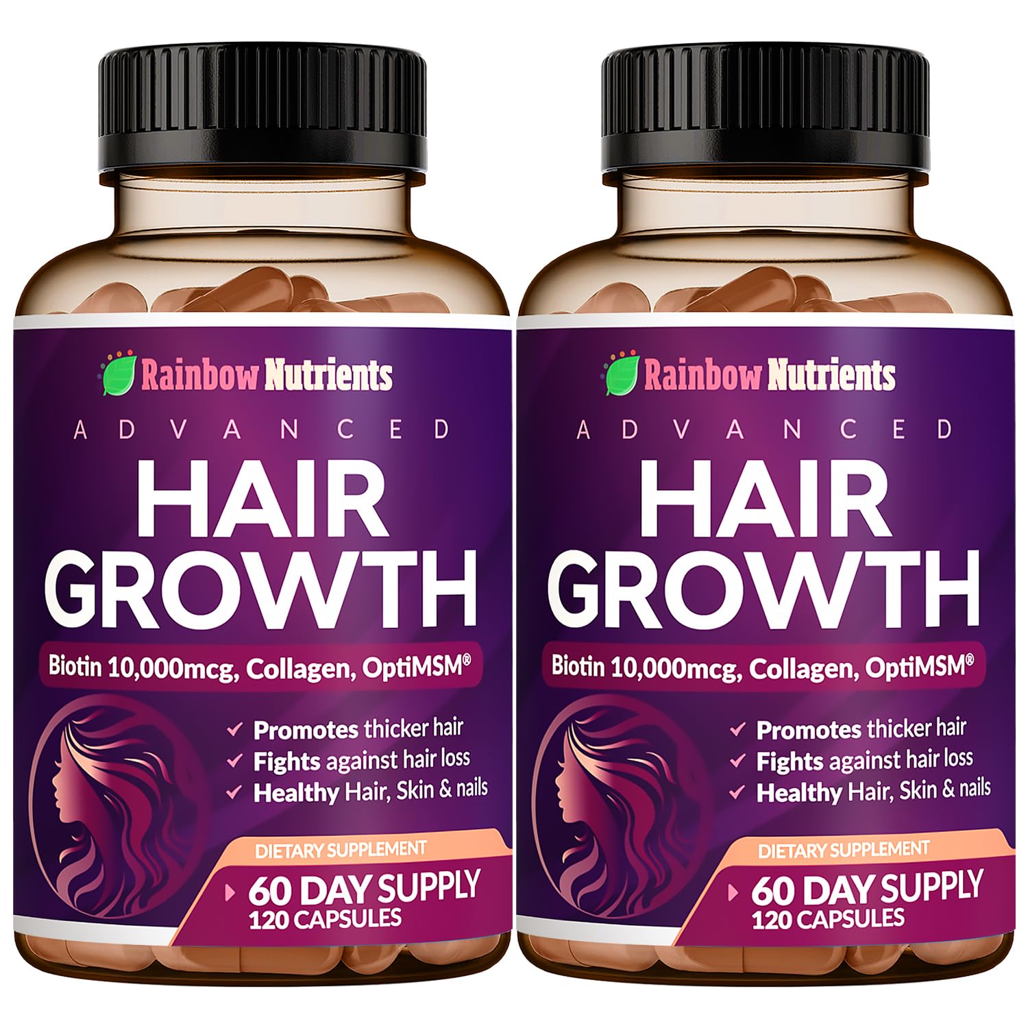 Rainbow Nutrients botella frontal para apoyar cabello y uñas saludables.