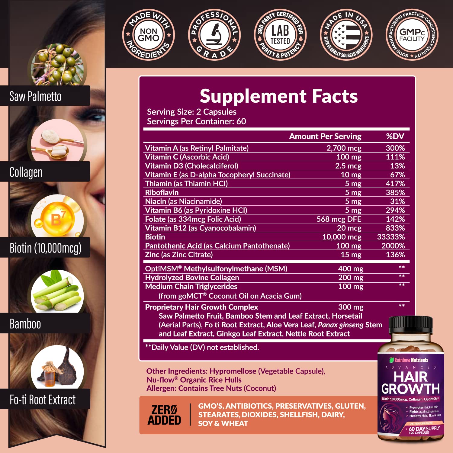 Rainbow Nutrients complejo de crecimiento capilar, primer plano para cabello fuerte.