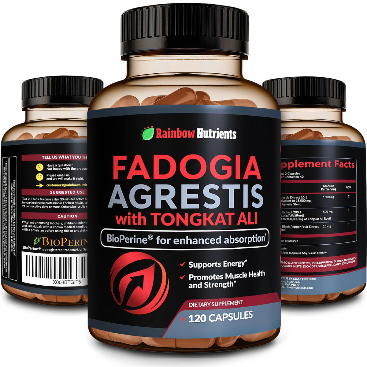 Rainbow Nutrients fadogia-agrestis-tongkat-ali botella para rendimiento y entrenamiento.