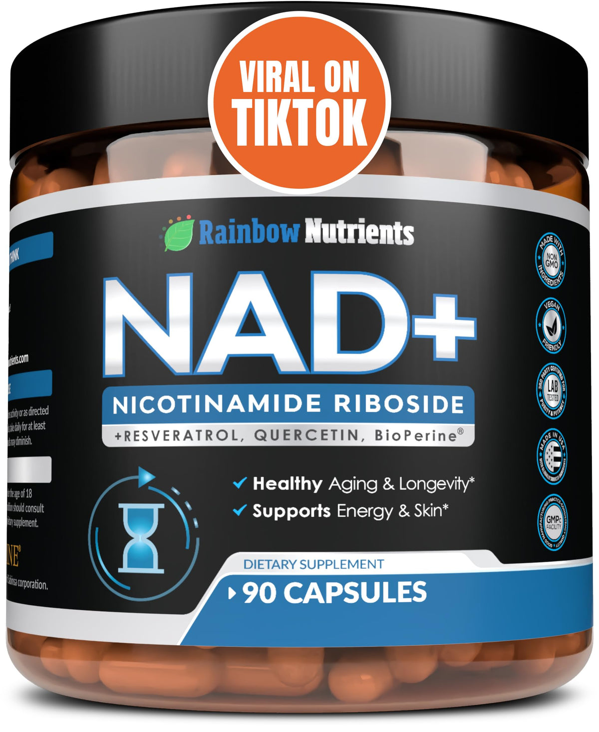Rainbow Nutrients NAD+ suplemento, botella de cápsulas para energía diaria.