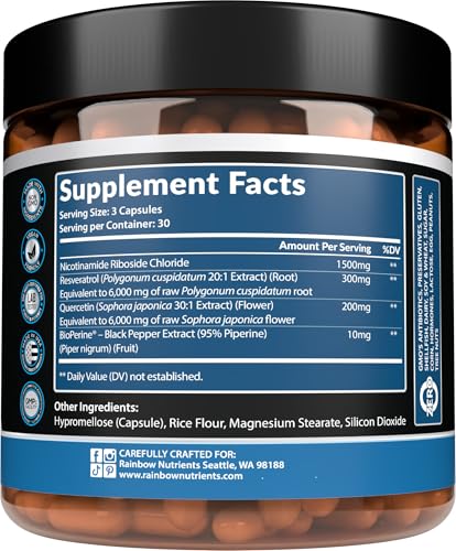 Rainbow Nutrients NAD+ etiqueta frontal, diseño legible para confianza del usuario.