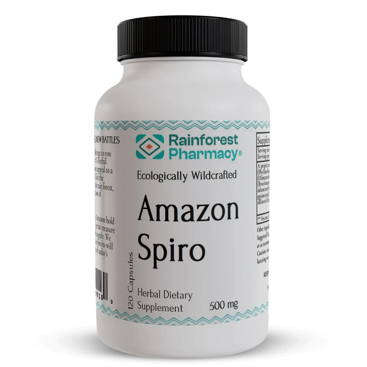 Rainforest Pharmacy Spiro: botella con cápsulas para equilibrio diario.