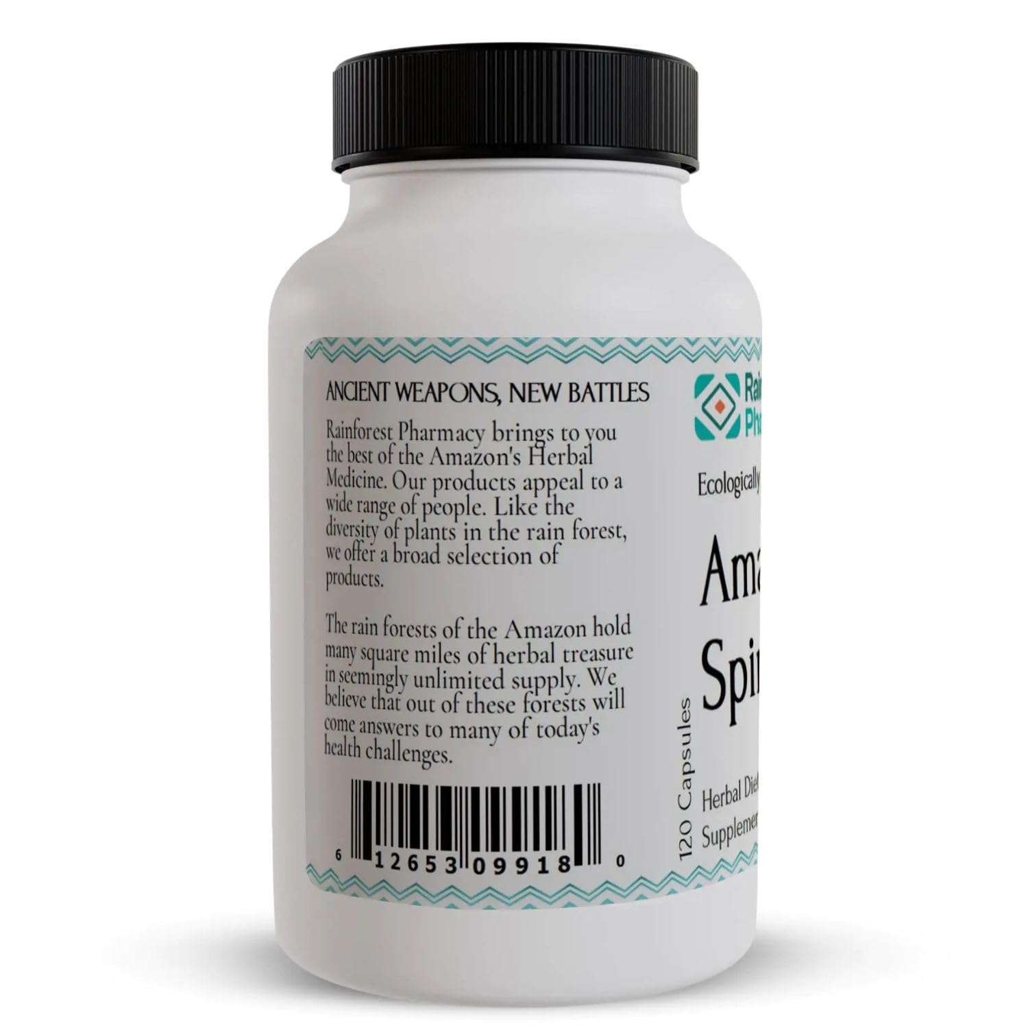 Rainforest Pharmacy Spiro: envase de cápsulas, hierbas amazónicas para bienestar diario.