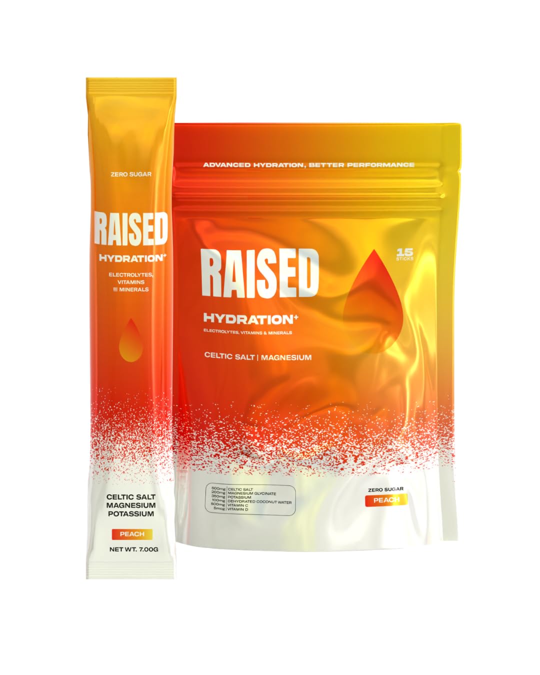 Raised Hydration+ sachets durazno para hidratación diaria sin azúcar