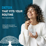 Raiz DE Detox guía de uso en etiqueta para tomar con agua al despertar.