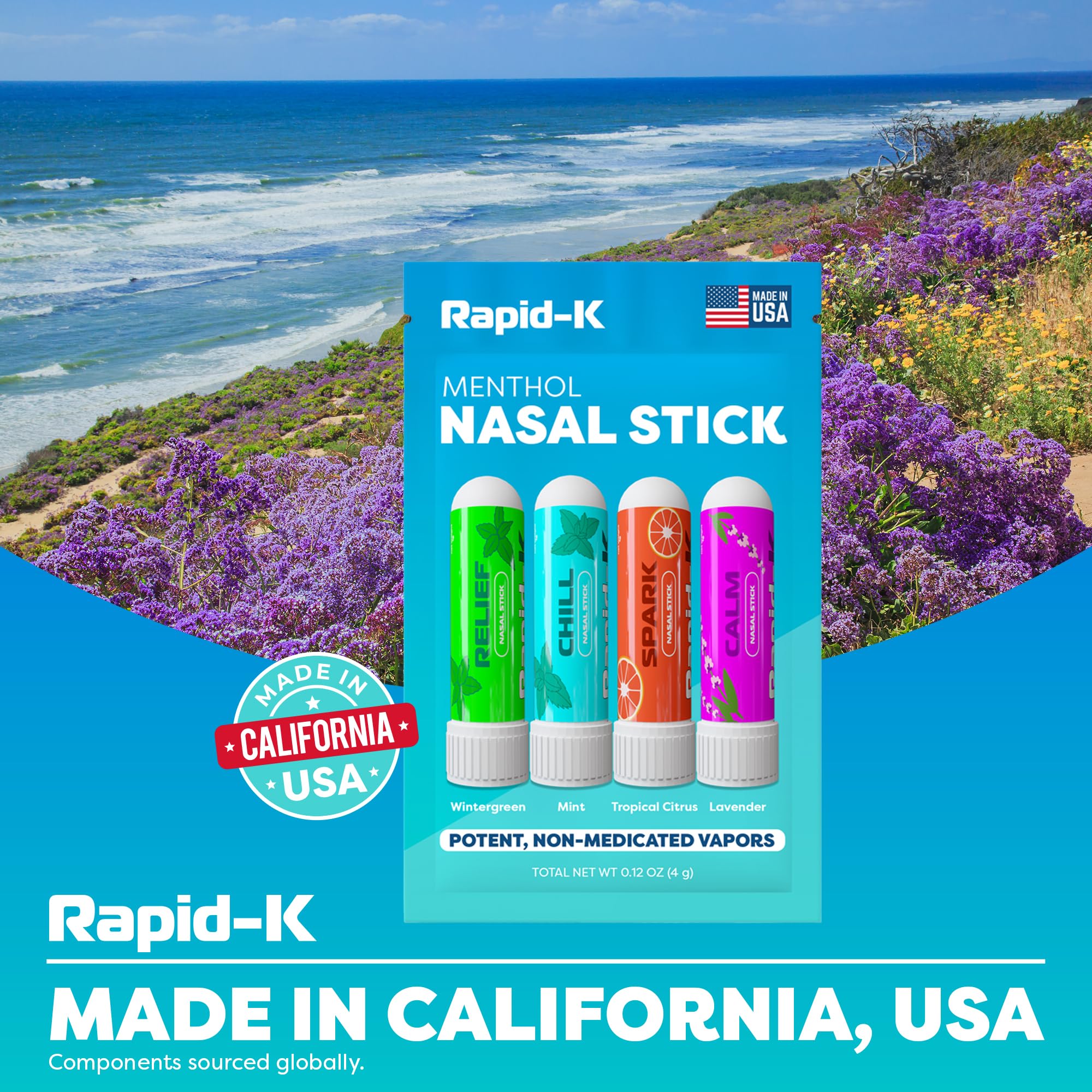 Ingredientes naturales de Rapid-K Nasal Sticks para un uso limpio.