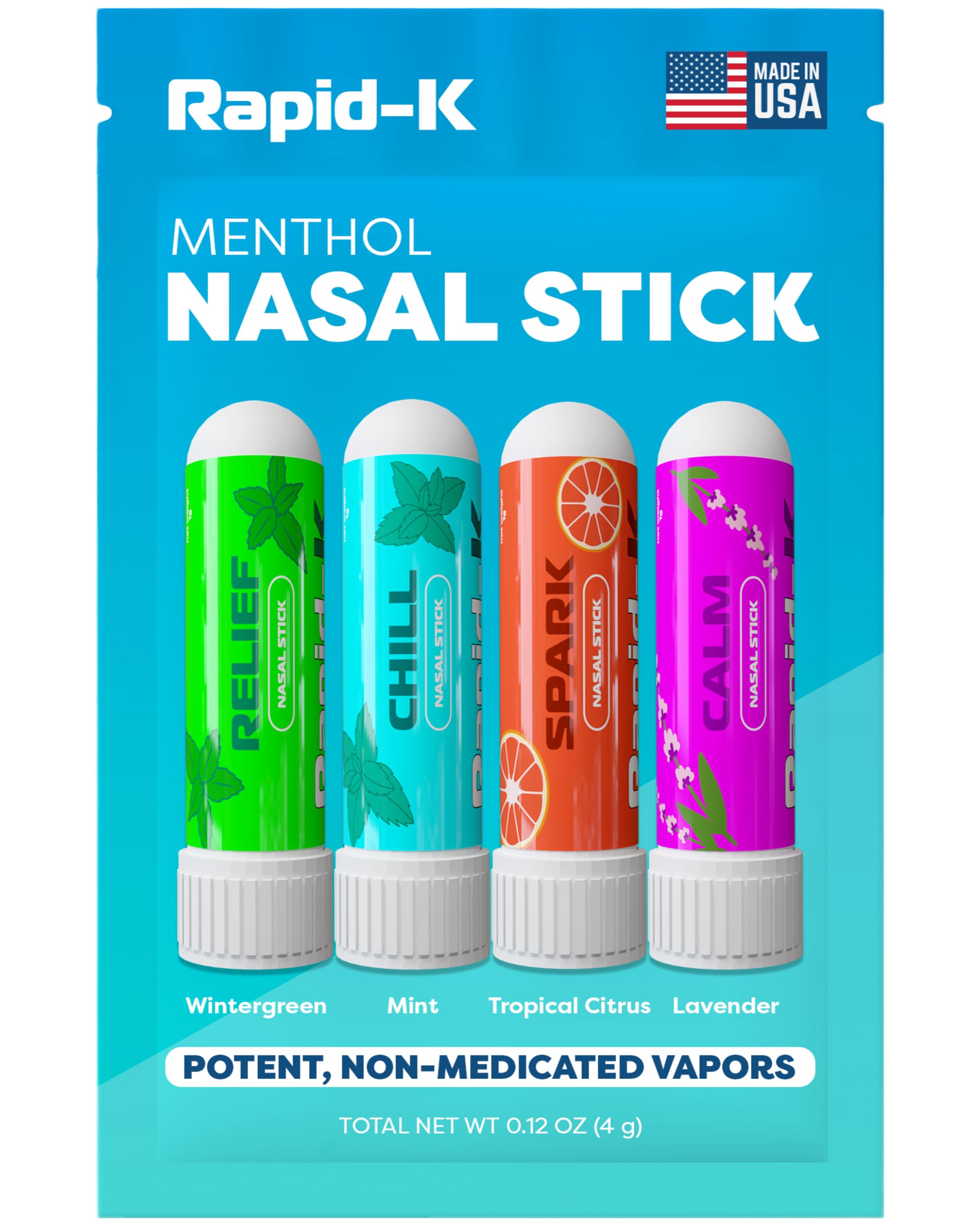 Rapid-K Nasal Sticks pack de 4 aromas con mentol para soporte respiratorio y relax.