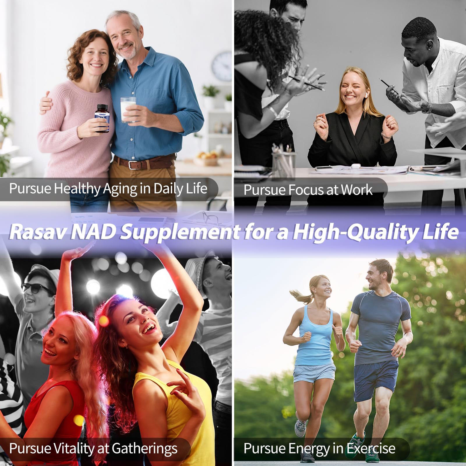 Rasav NAD: resveratrol y CoQ10, ingredientes clave para apoyo celular.