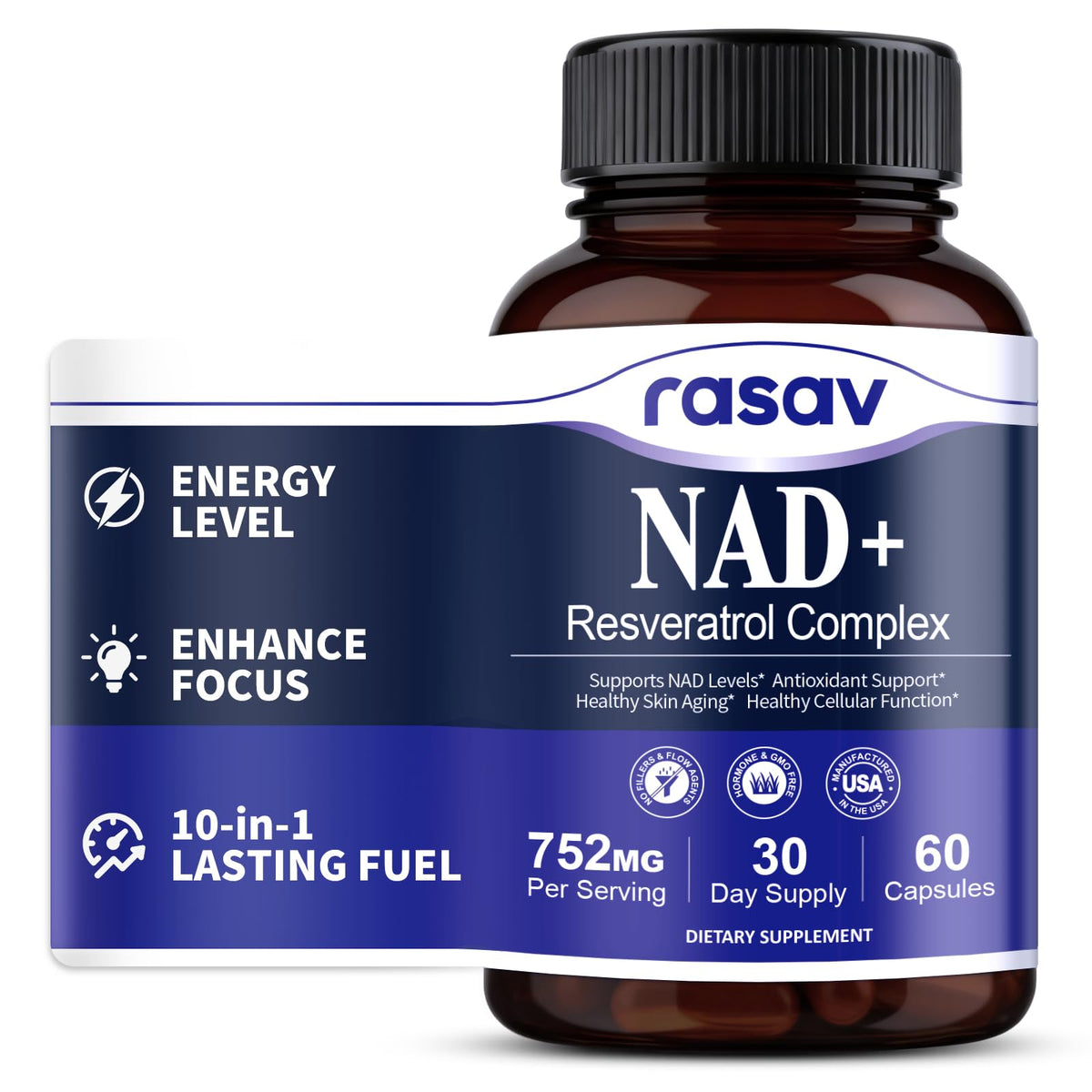 Rasav NAD 10-en-1: empaque visible para uso diario y energía sostenida.