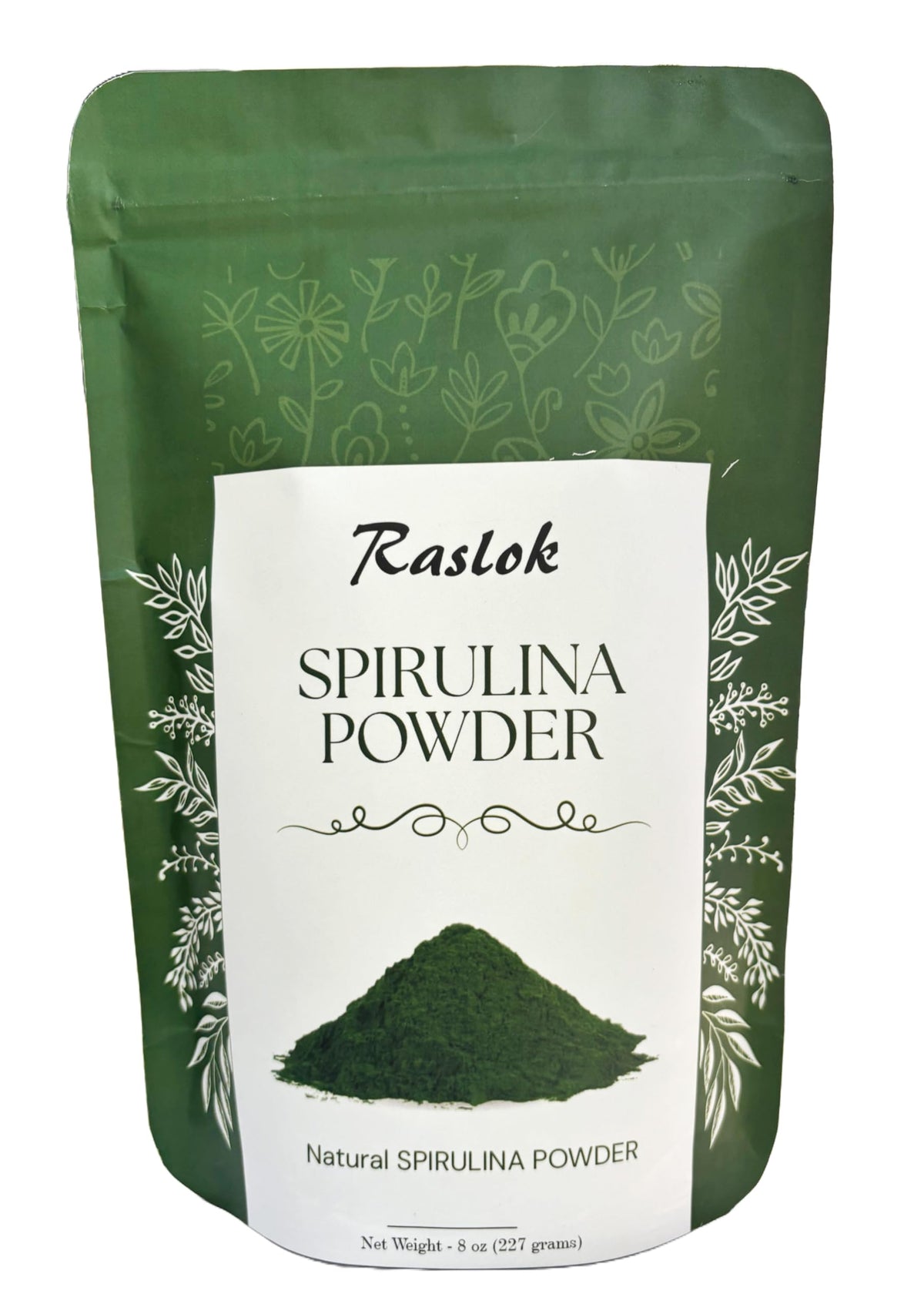 Raslok Espirulina polvo puro, fuente de proteína vegetal para dietas veganas.