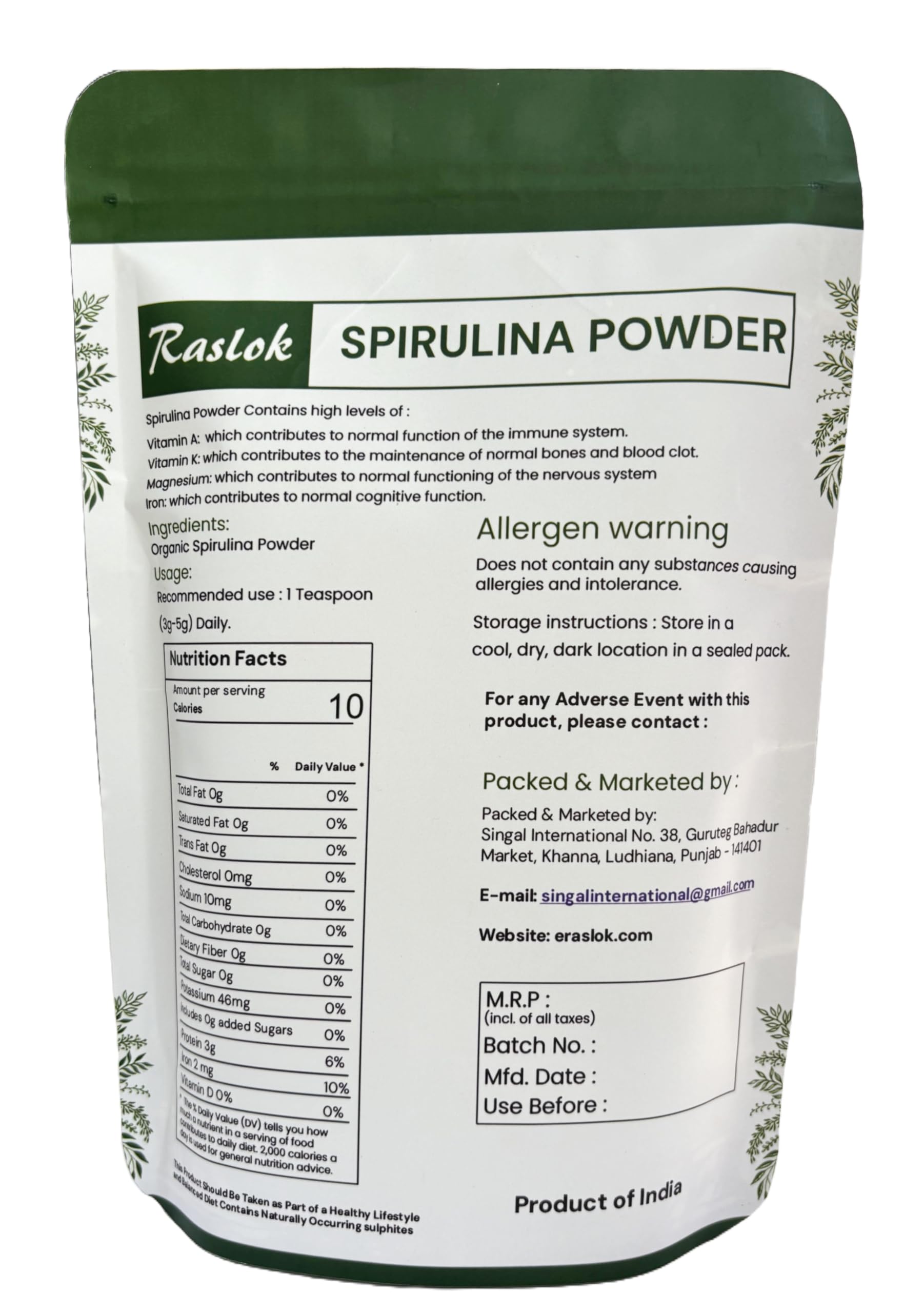 Raslok Espirulina en taza, ideal para vida activa y hábitos saludables.