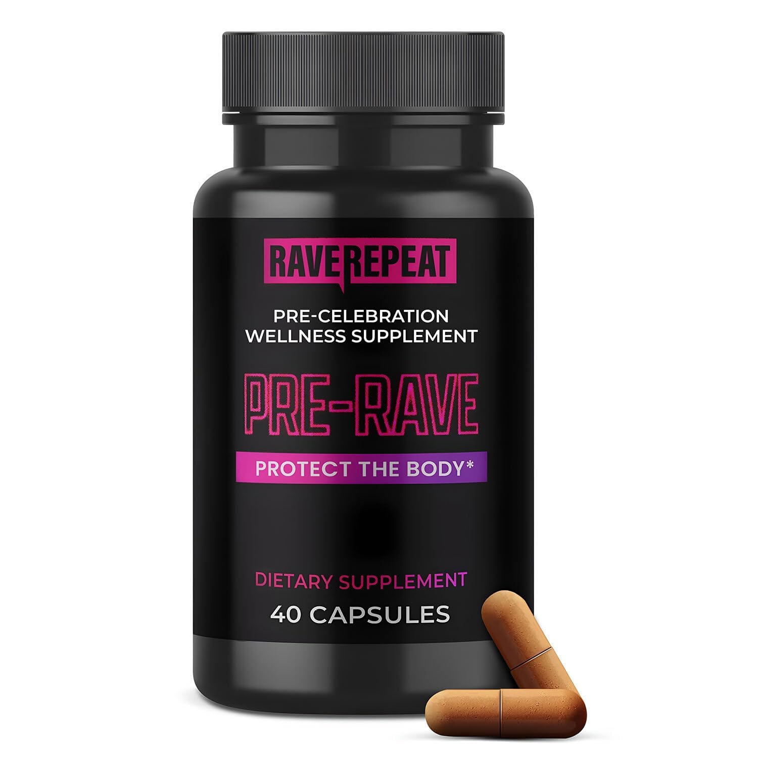 Rave Repeat Pre-Rave cápsulas, impulso de energía para la noche en la fiesta.