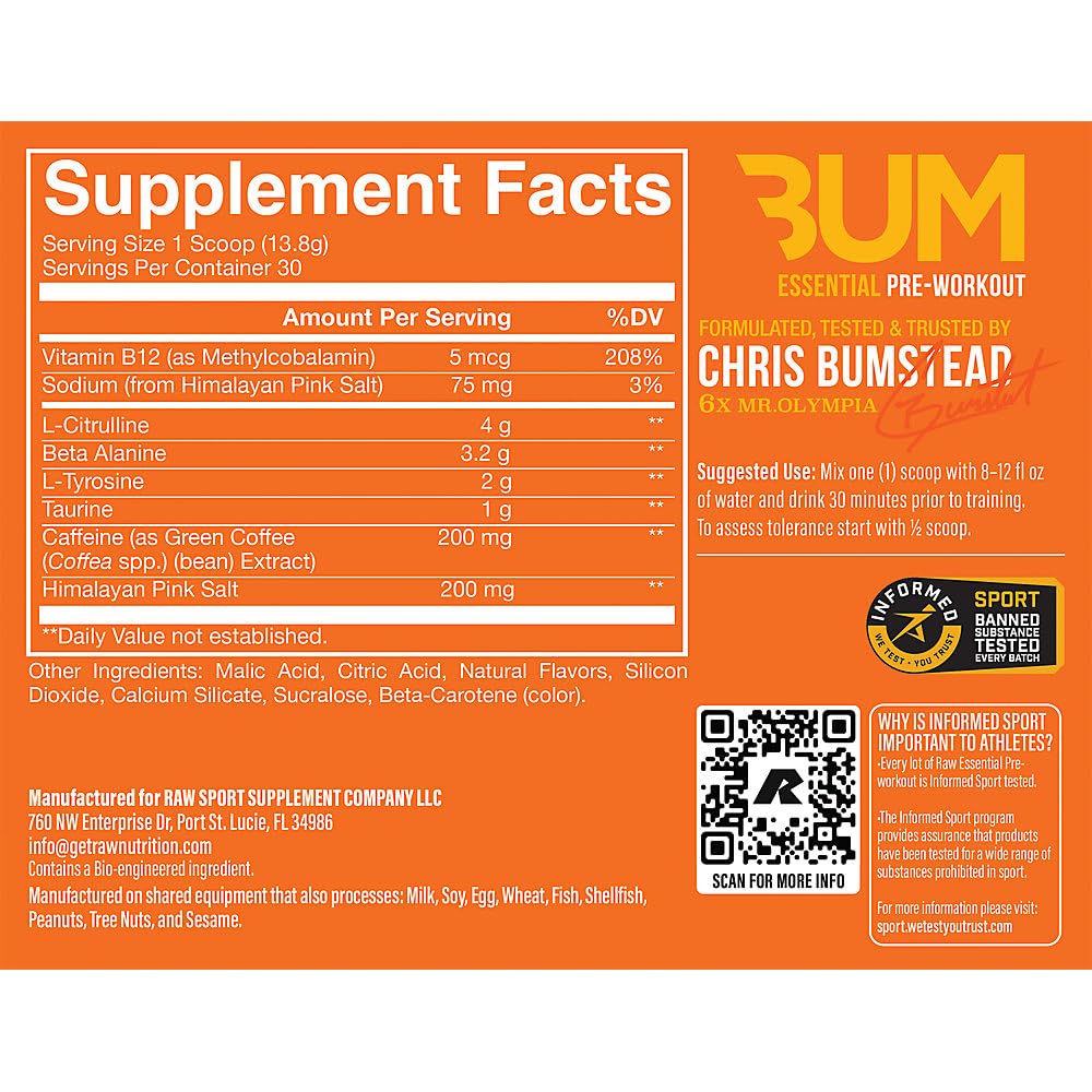 RAW Esencial Pre-entrenamiento Naranja, cuchara lista para medir, ayuda a mantener foco durante el entrenamiento.