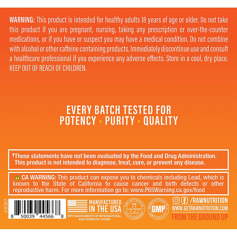 RAW Esencial Pre-entrenamiento Naranja, etiqueta naranja visible para identificar sabor y uso previo al ejercicio.