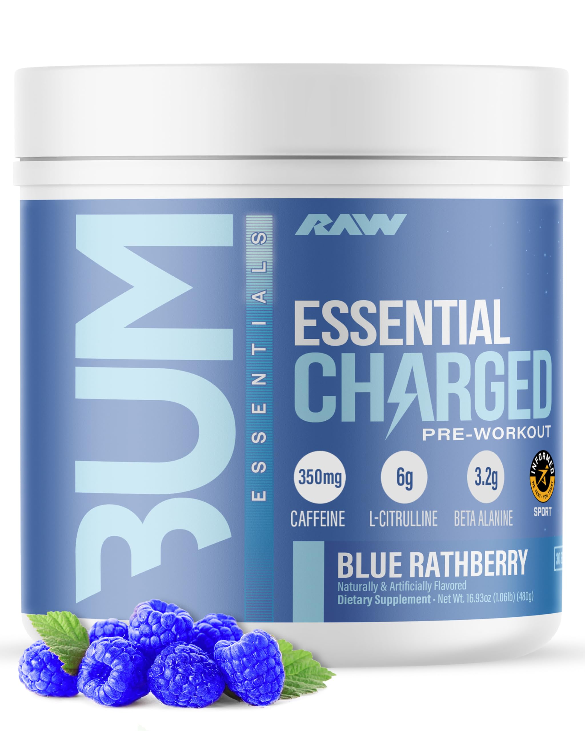 RAW Essential Charged polvo sabor arándano azul para energía rápida en entrenamientos.