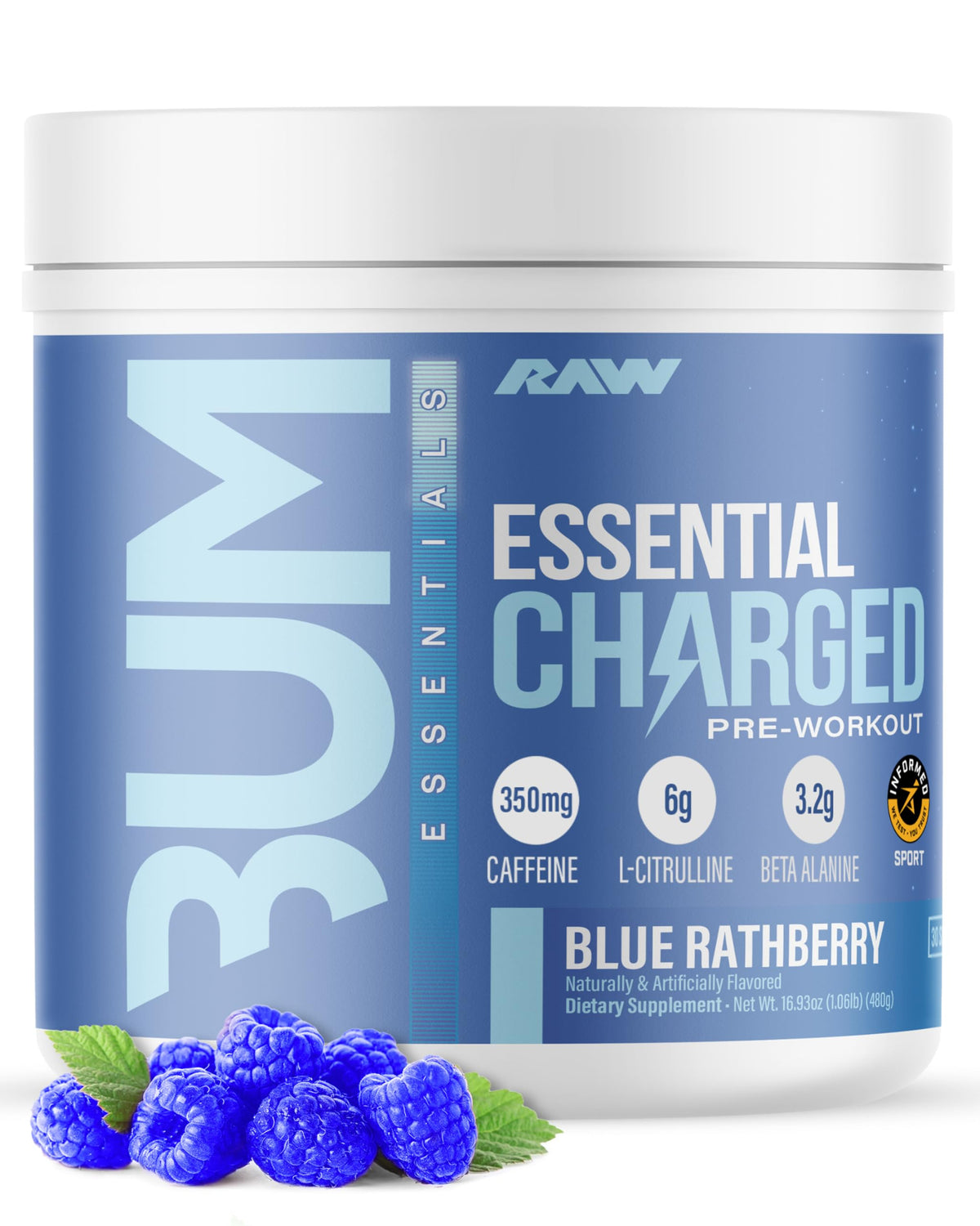 RAW Essential Charged polvo sabor arándano azul para energía rápida en entrenamientos.