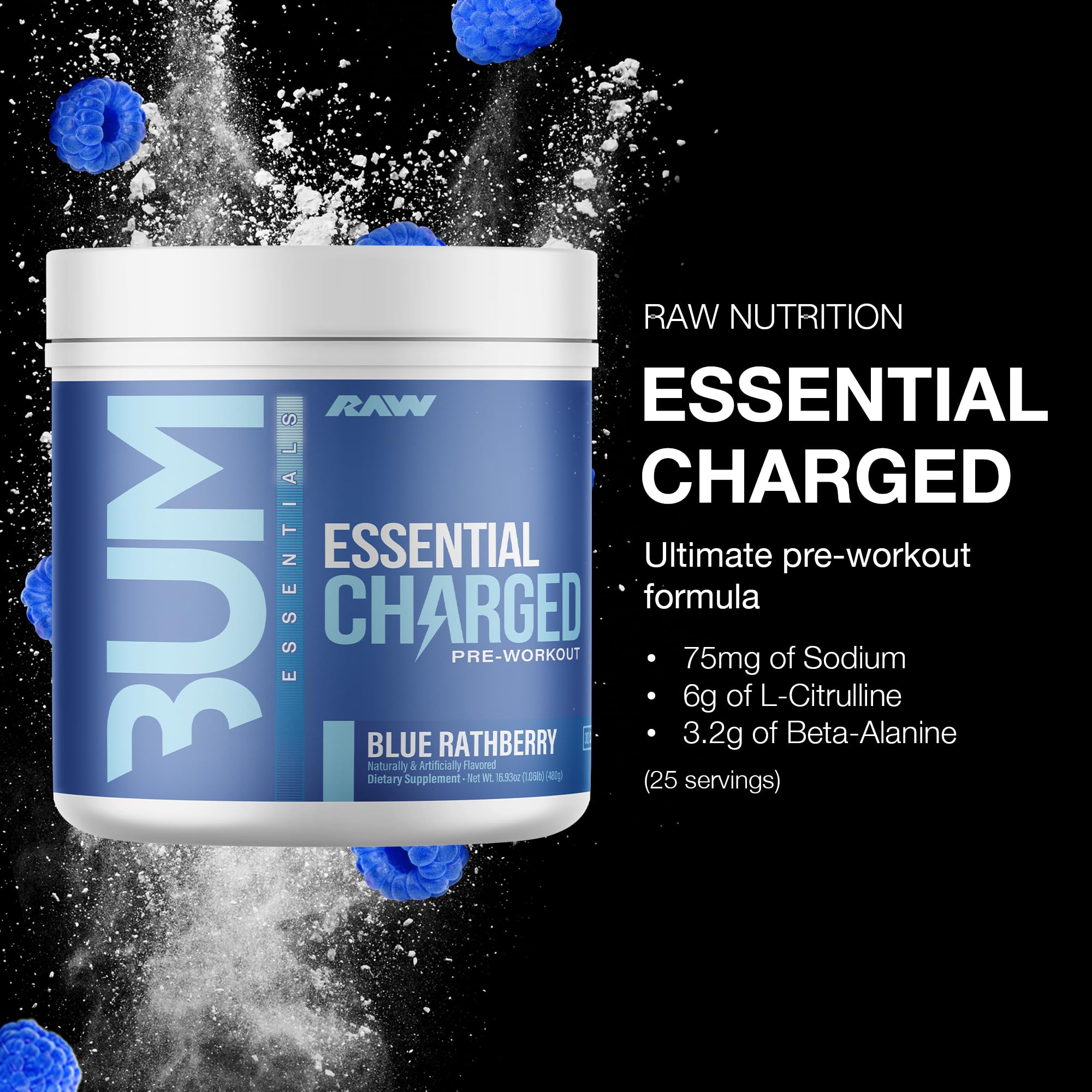 RAW Essential Charged en vaso mezclador para enfoque sostenido durante la sesión.