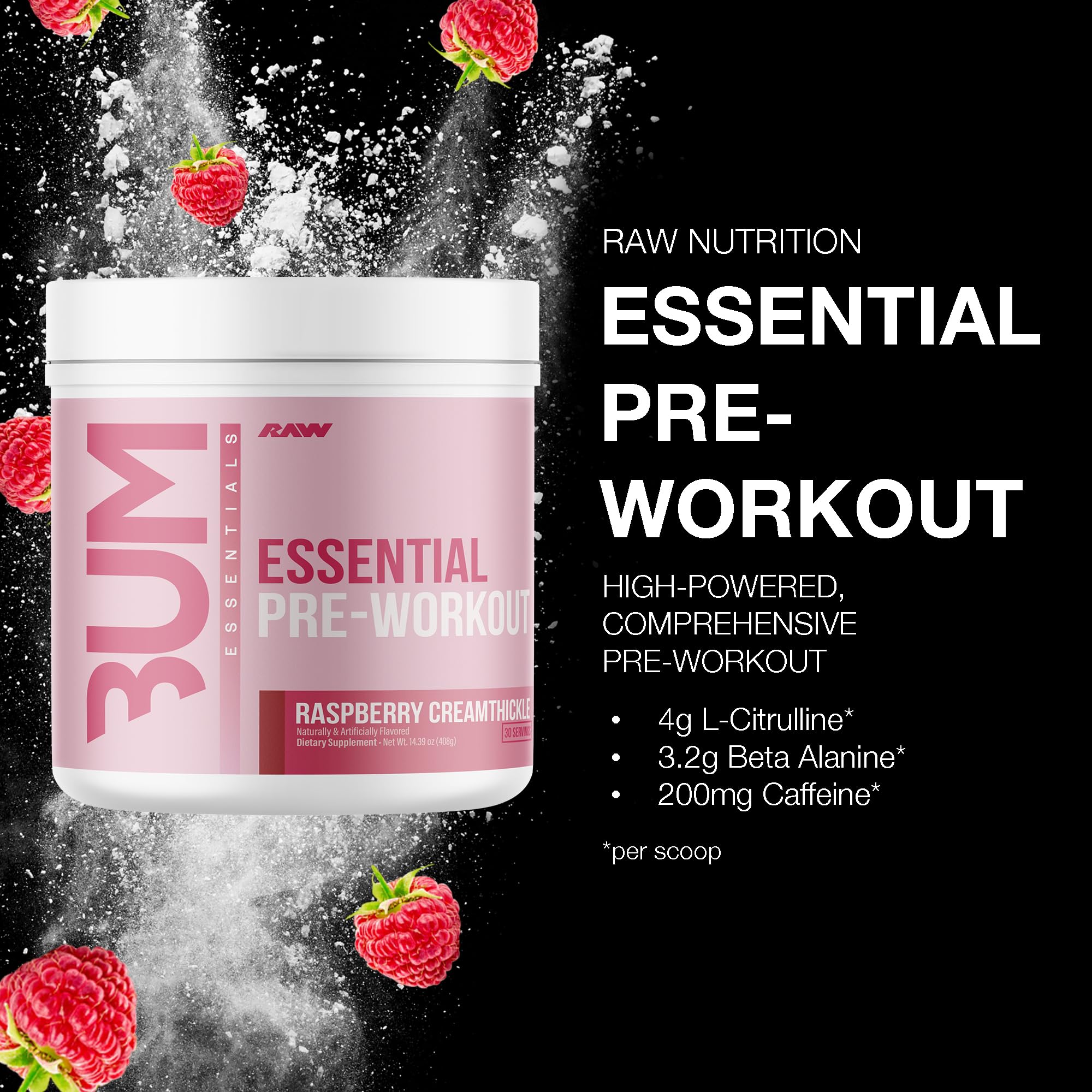 RAW Essential Pre-entrenamiento Frambuesa Cremosa, cuchara medidora lista para mezclar polvo.