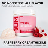 RAW Essential Pre-entrenamiento Frambuesa Cremosa, primer plano del tubo y la etiqueta.