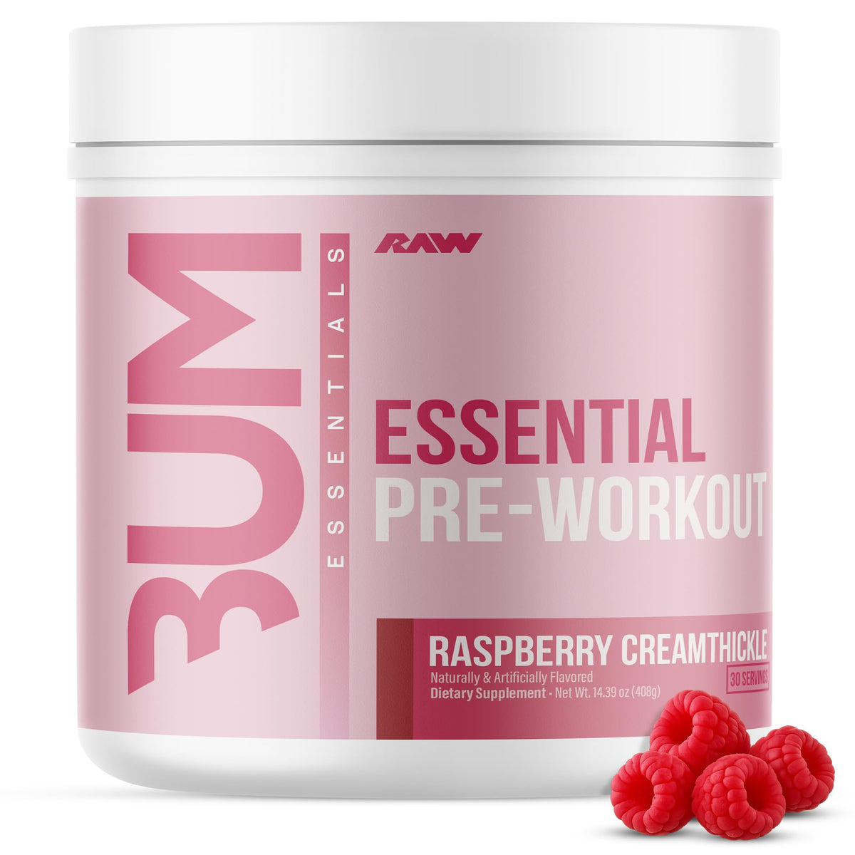 RAW Essential Pre-entrenamiento Frambuesa Cremosa, vista del tubo, energía sostenida para entrenamientos.