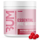 RAW Essential Pre-entrenamiento Frambuesa Cremosa, vista del tubo, energía sostenida para entrenamientos.
