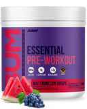 RAW Essential Pre-entrenamiento con sabor Sandía-Uva, cuchara medidora para porciones precisas y facilidad de uso.