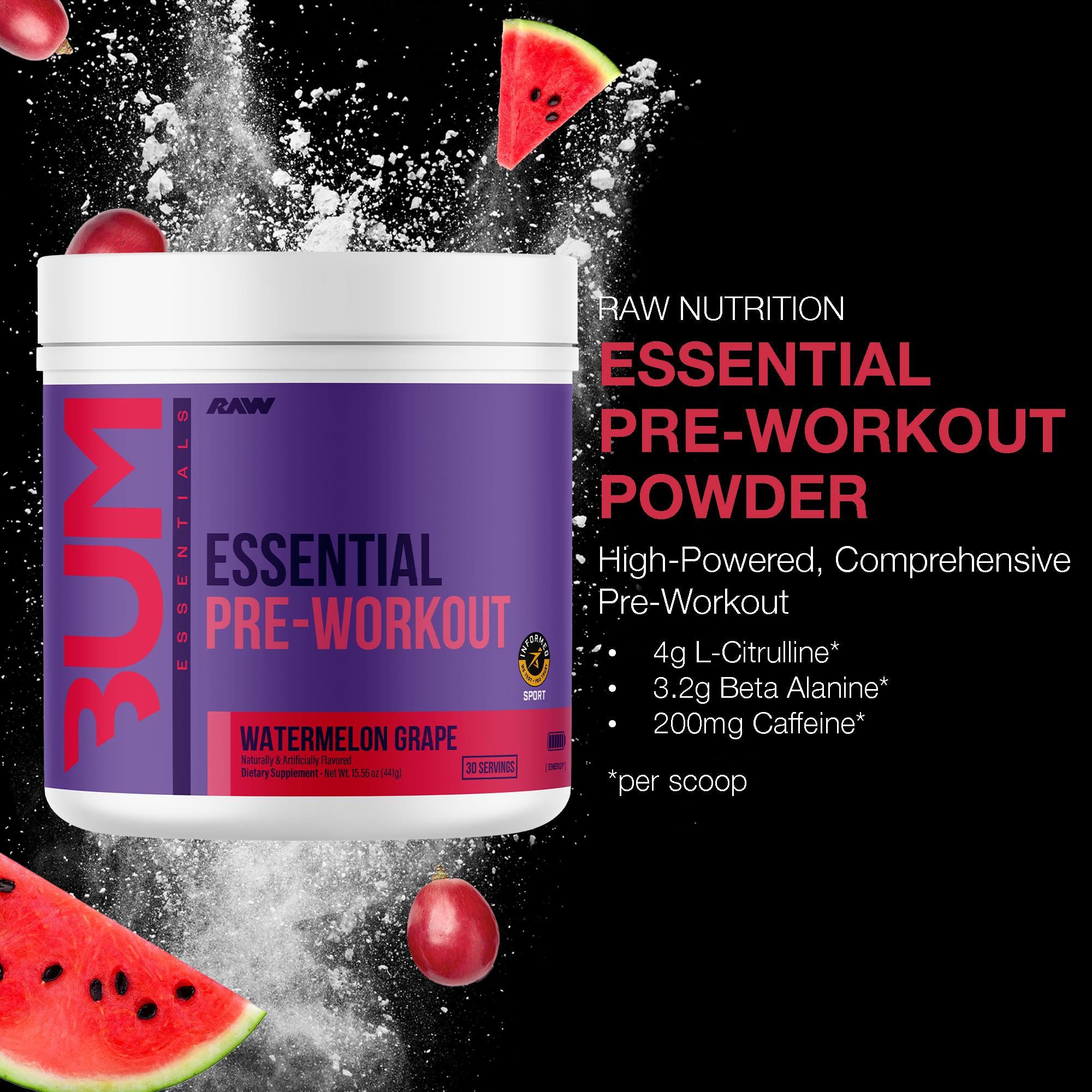 ENVASE de RAW Essential Pre-entrenamiento Sandía-Uva para llevar y usar en cualquier lugar.