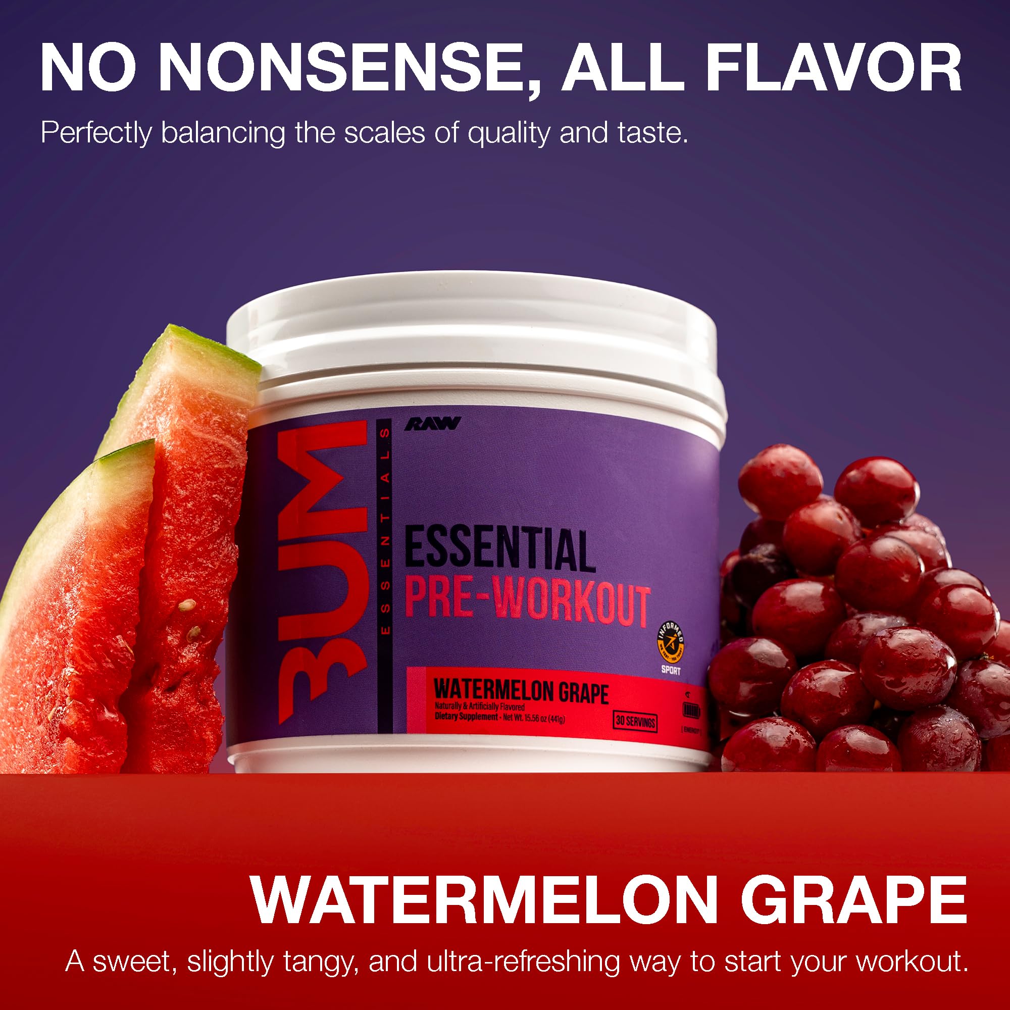 Mezcla de RAW Essential Pre-entrenamiento Sandía-Uva disuelta en agua fresca y lista para beber.