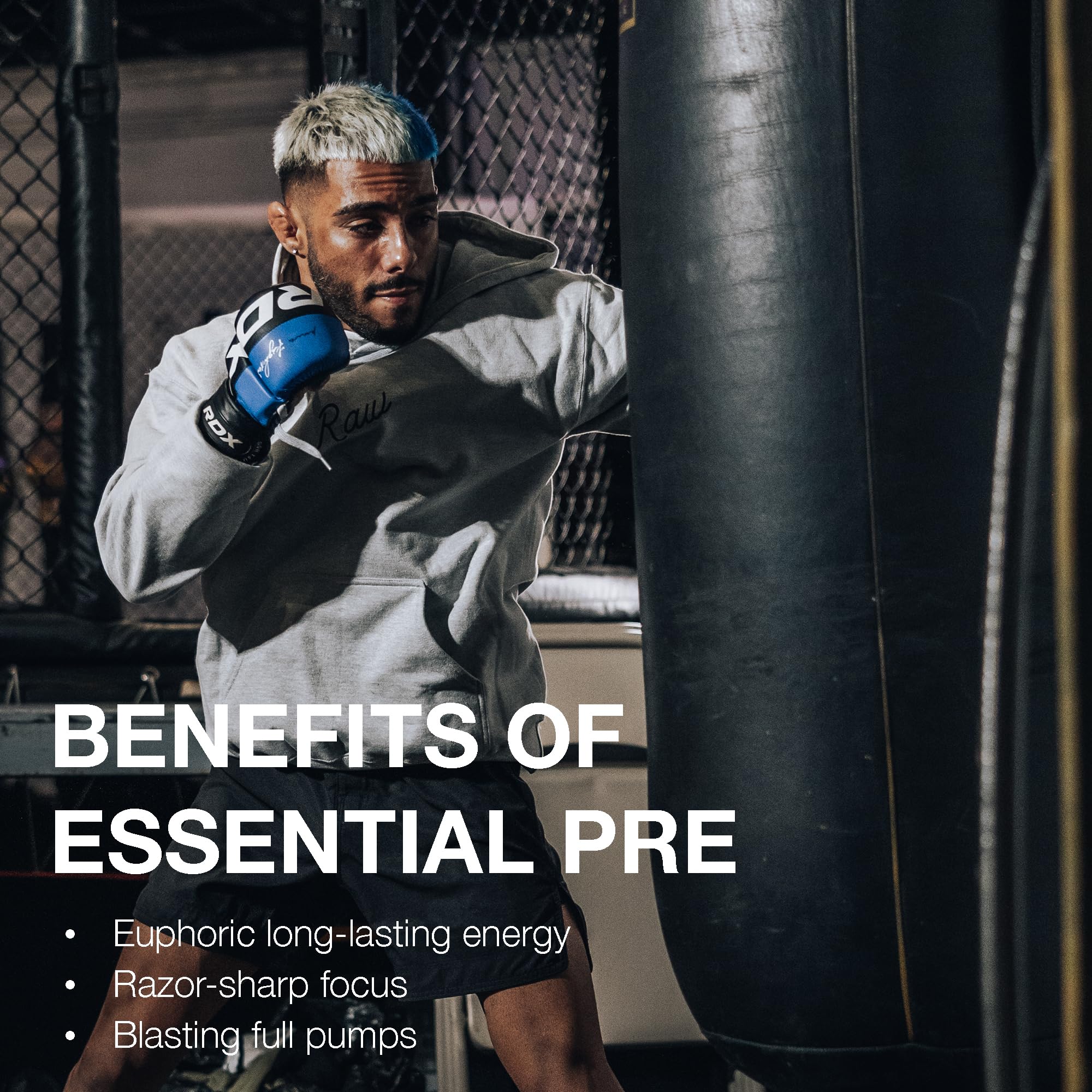 RAW Essential Pre-Workout bote compacto para uso en casa o gimnasio