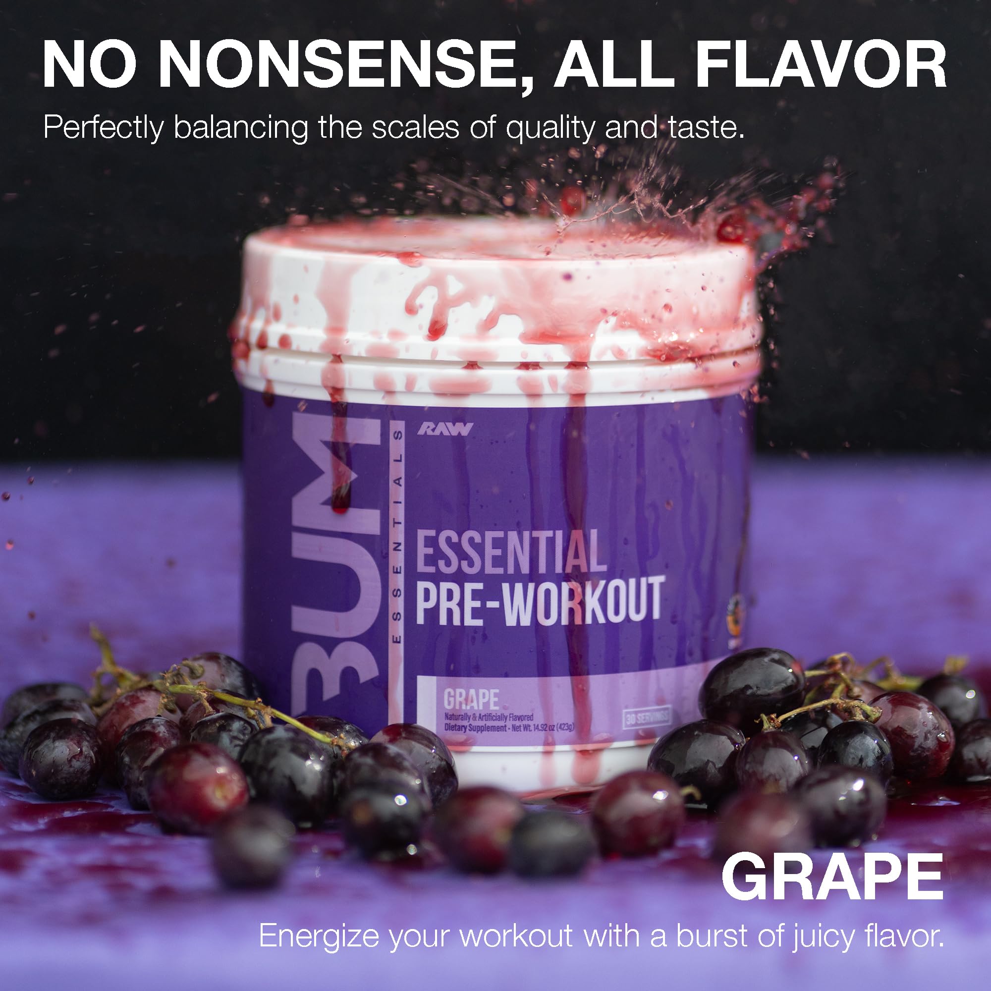 RAW Essential Pre-Workout etiqueta frontal que muestra transparencia de ingredientes
