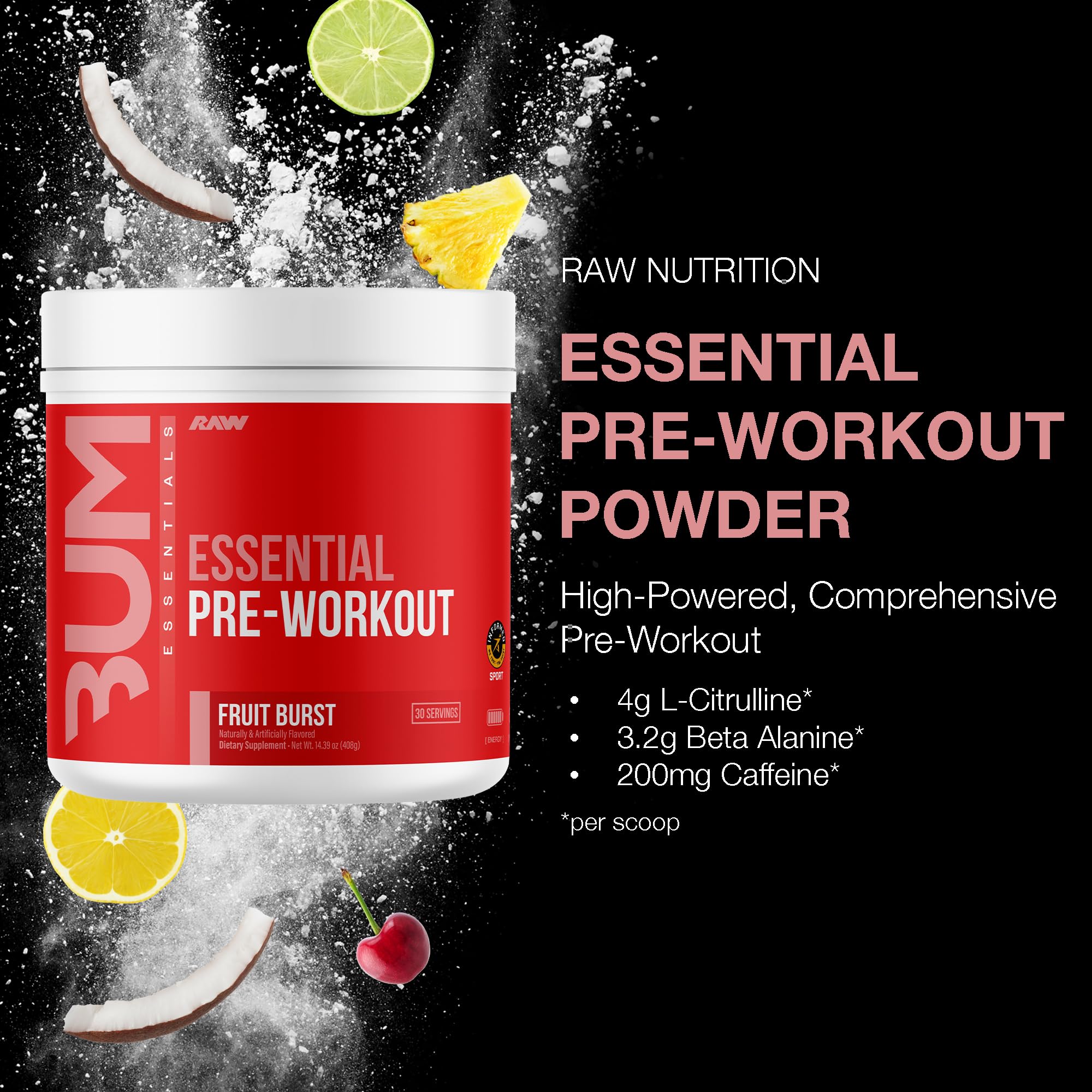 RAW Essential Pre-entrenamiento Esencial Fruta Explosión, mezcla fácil y agradable.