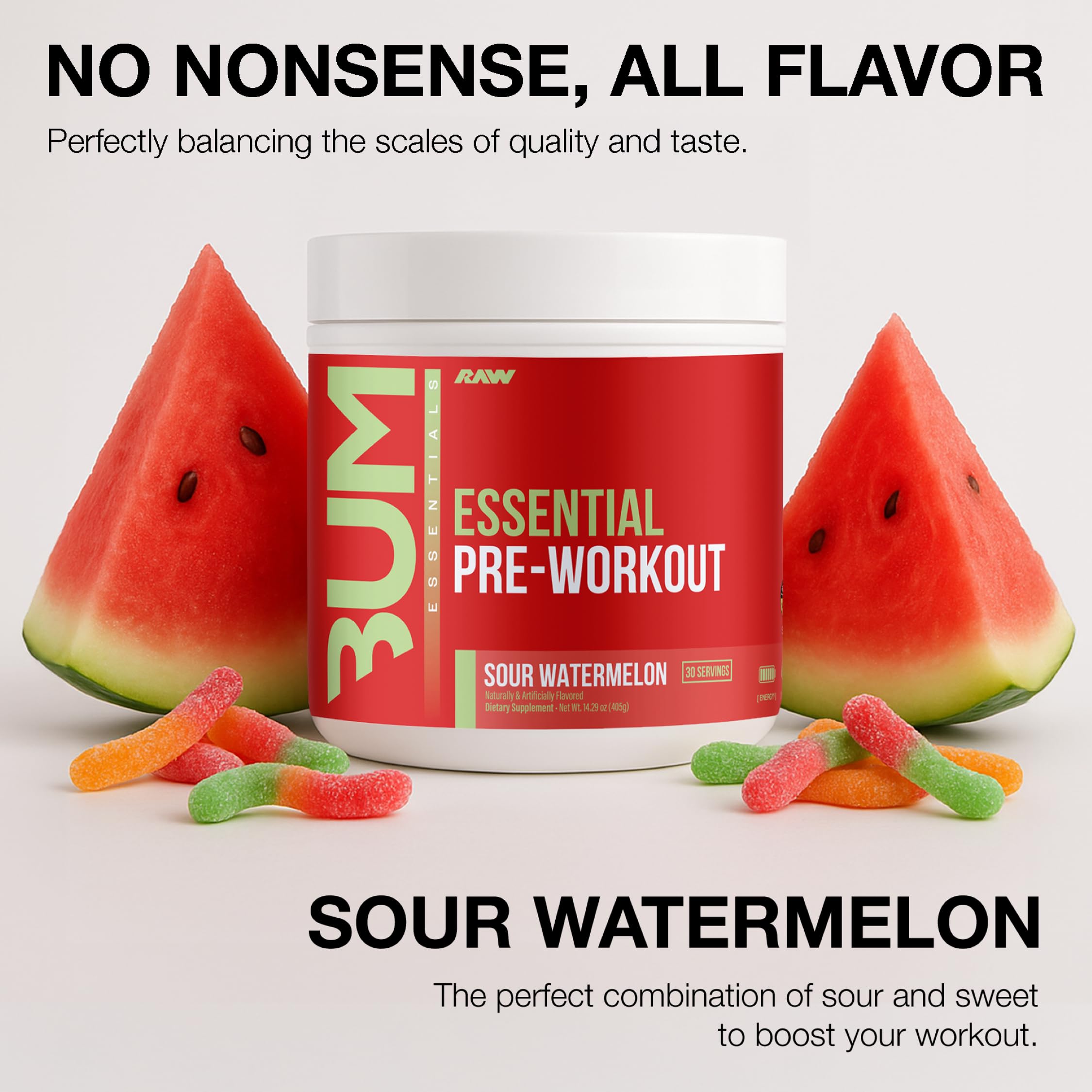 RAW Essential Pre-Workout, sabor Sandía Ácida, mejora mezcla para entrenamientos.