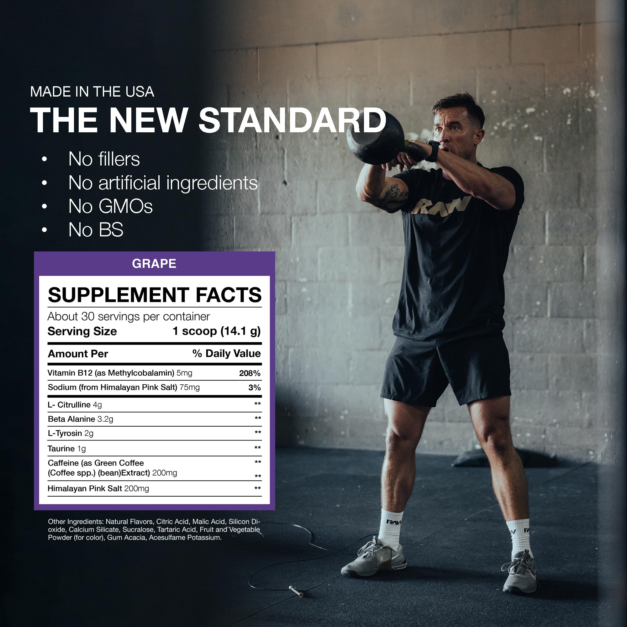 RAW Essential Pre-Workout polvo uva listo para mezclar y entrenar