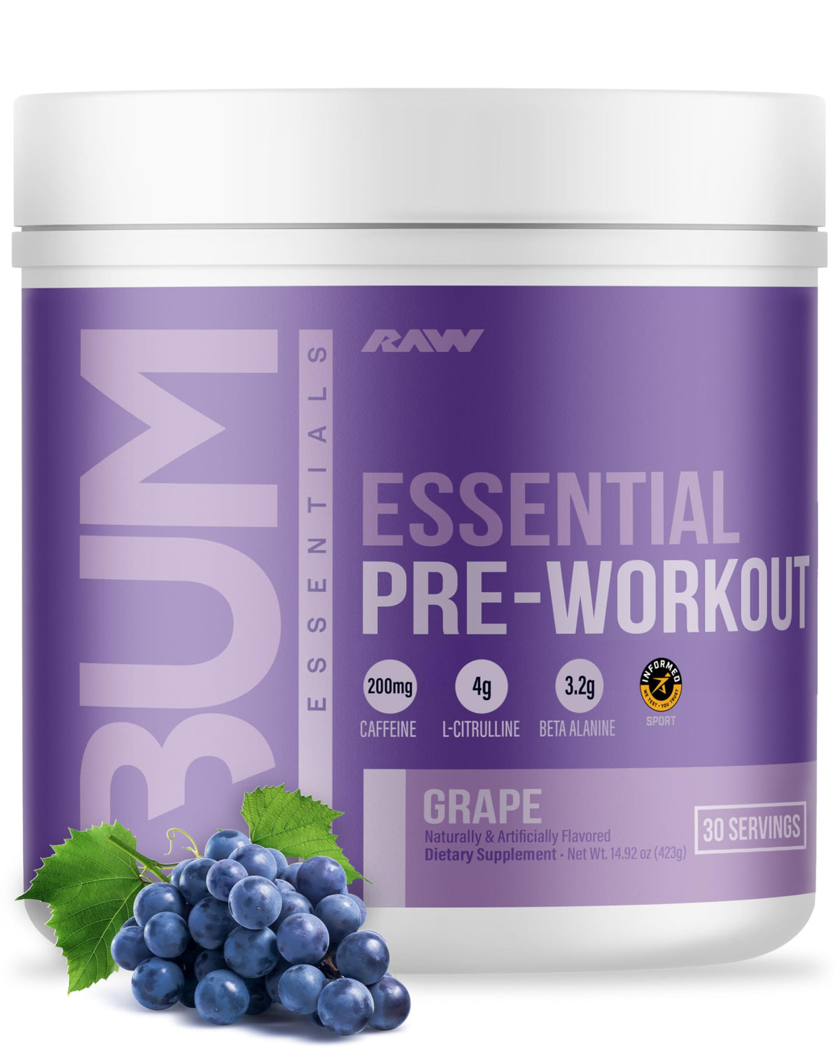 RAW Essential Pre-Workout sabor uva en envase, ideal para energía durante entrenamientos