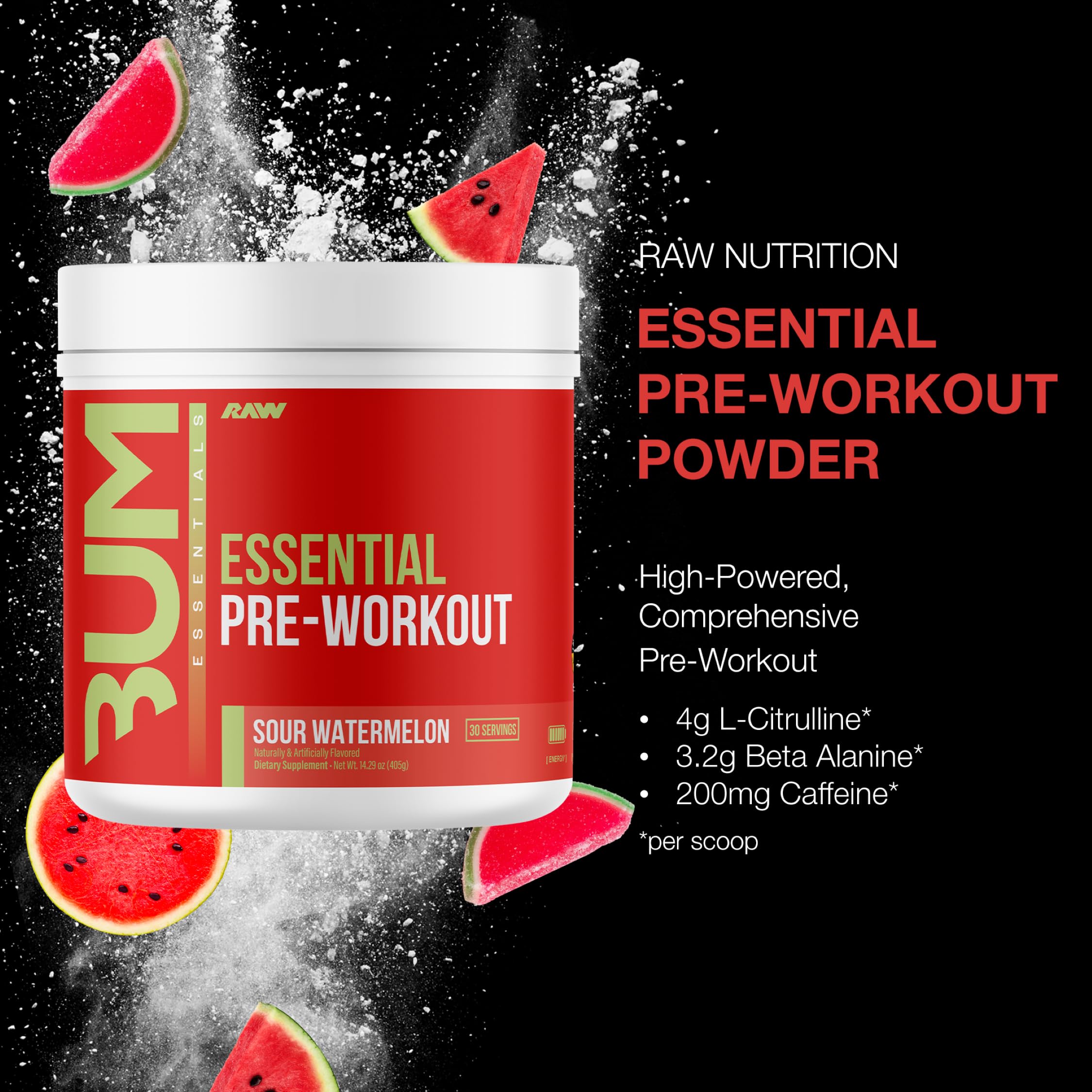 RAW Essential Pre-Workout en cucharada, mezcla rápida para foco y rendimiento.