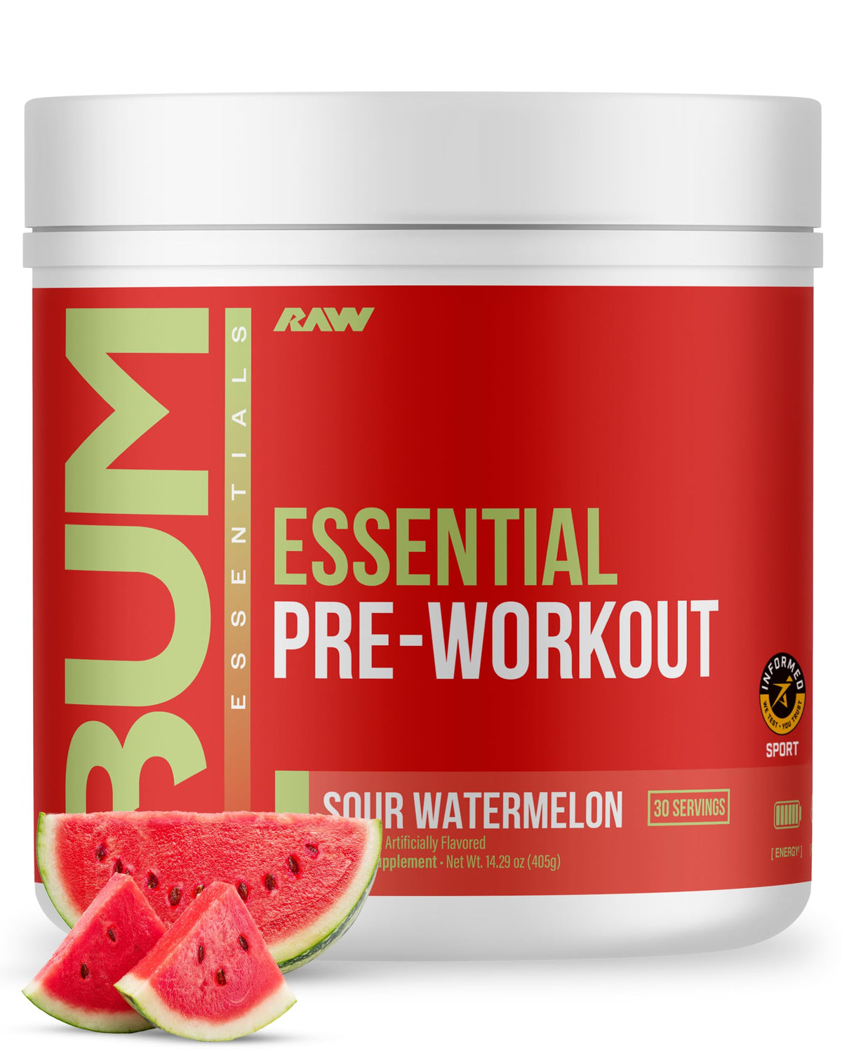 RAW Essential Pre-Workout en envase, energía sostenida para entrenamientos intensos.