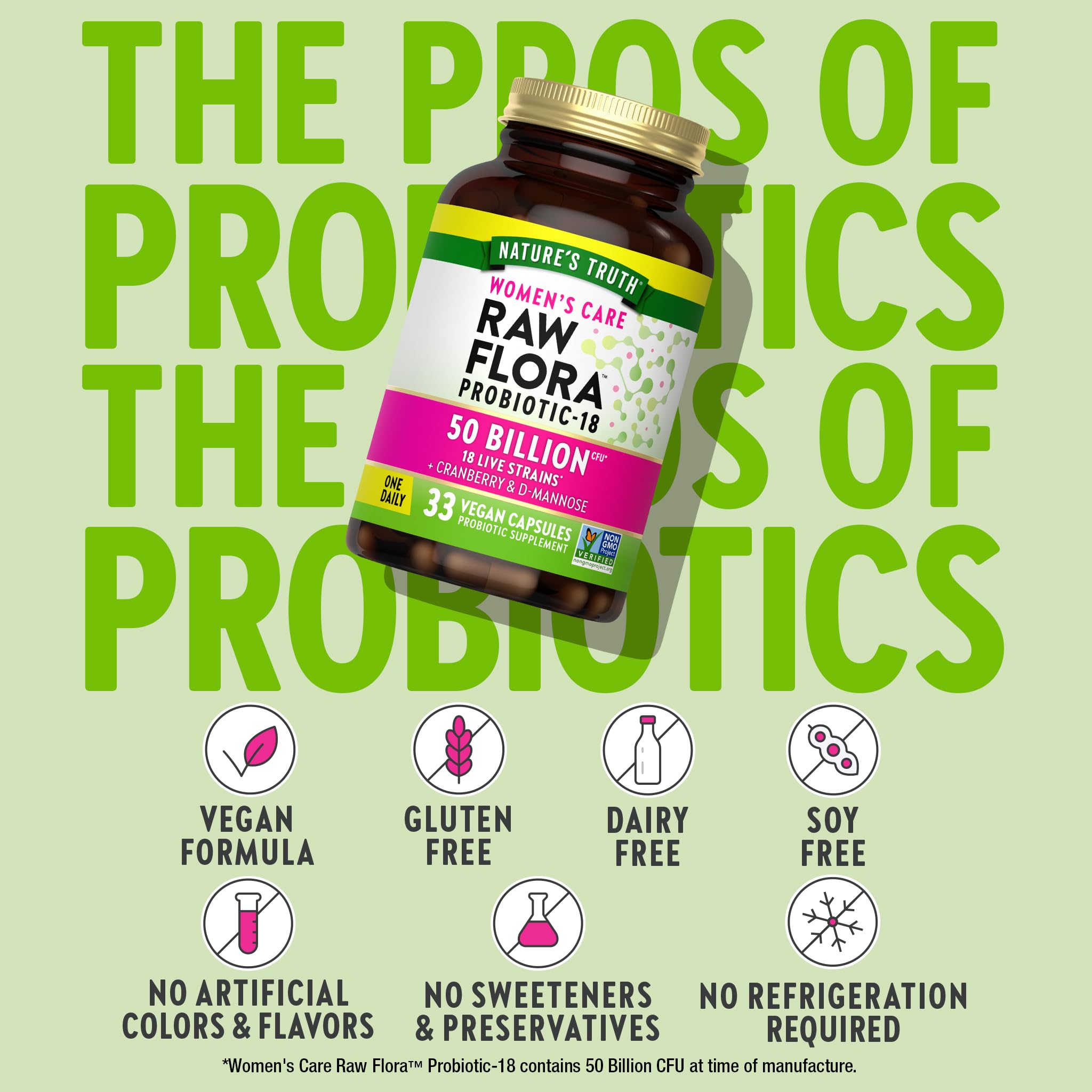 Raw Flora Probióticos para Mujer, arándano y D‑manosa, ingredientes clave.