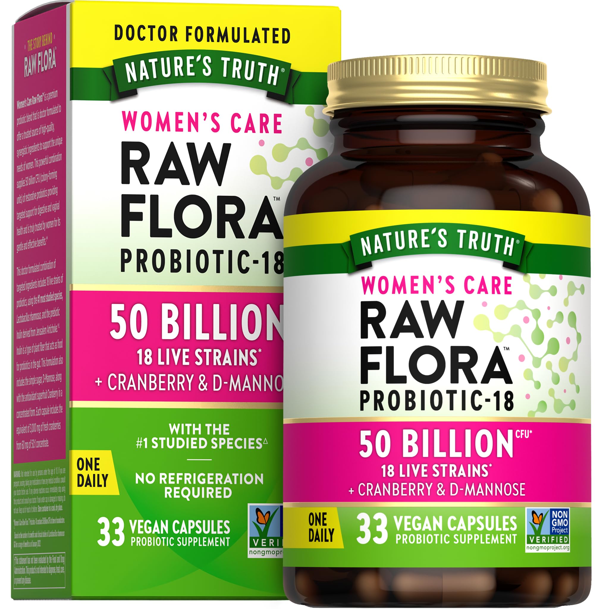 Raw Flora Probióticos para Mujer, botella frontal, posible apoyo digestivo diario.